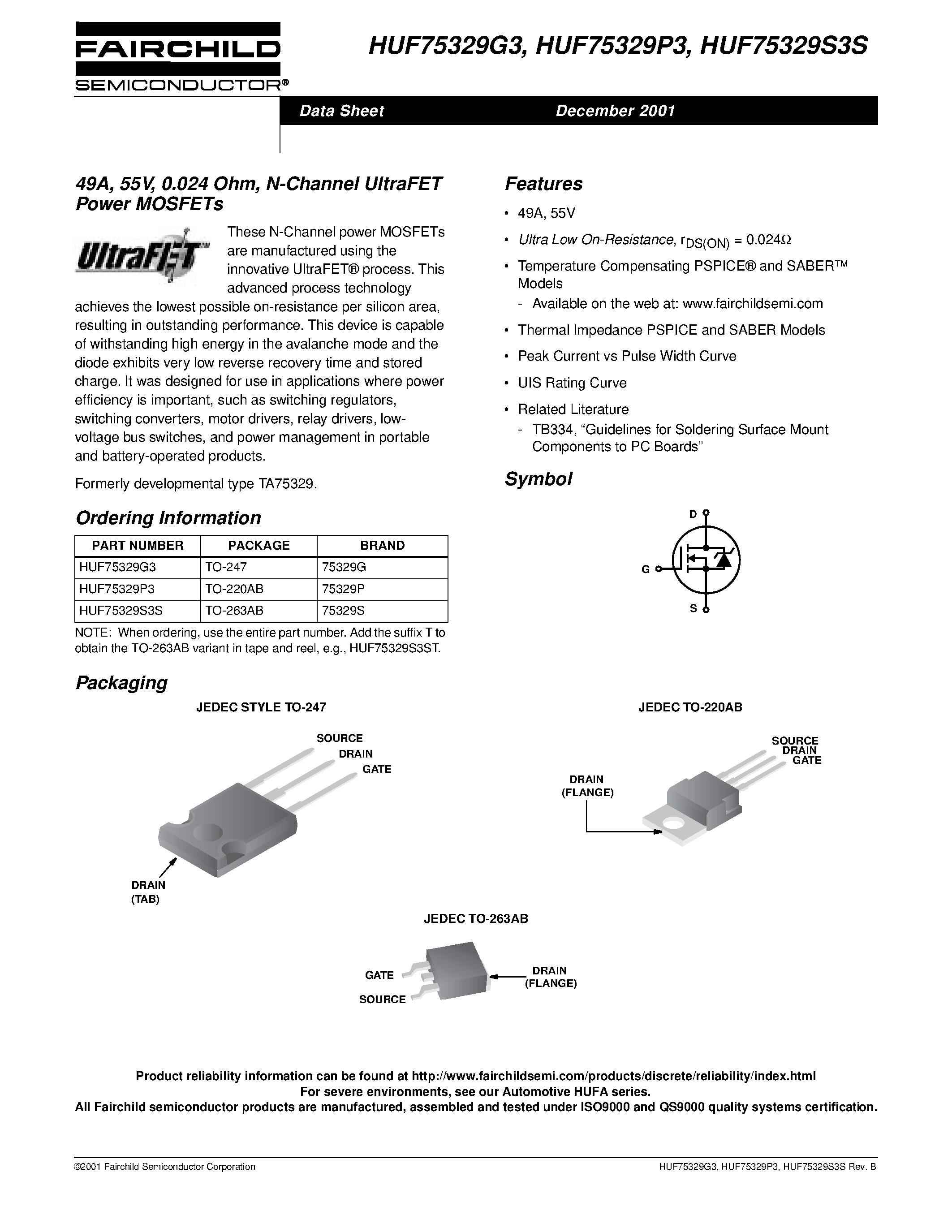 Datasheet HUF75329G3 - 49A/ 55V/ 0.024 Ohm/ N-Channel UltraFET Power MOSFETs page 1