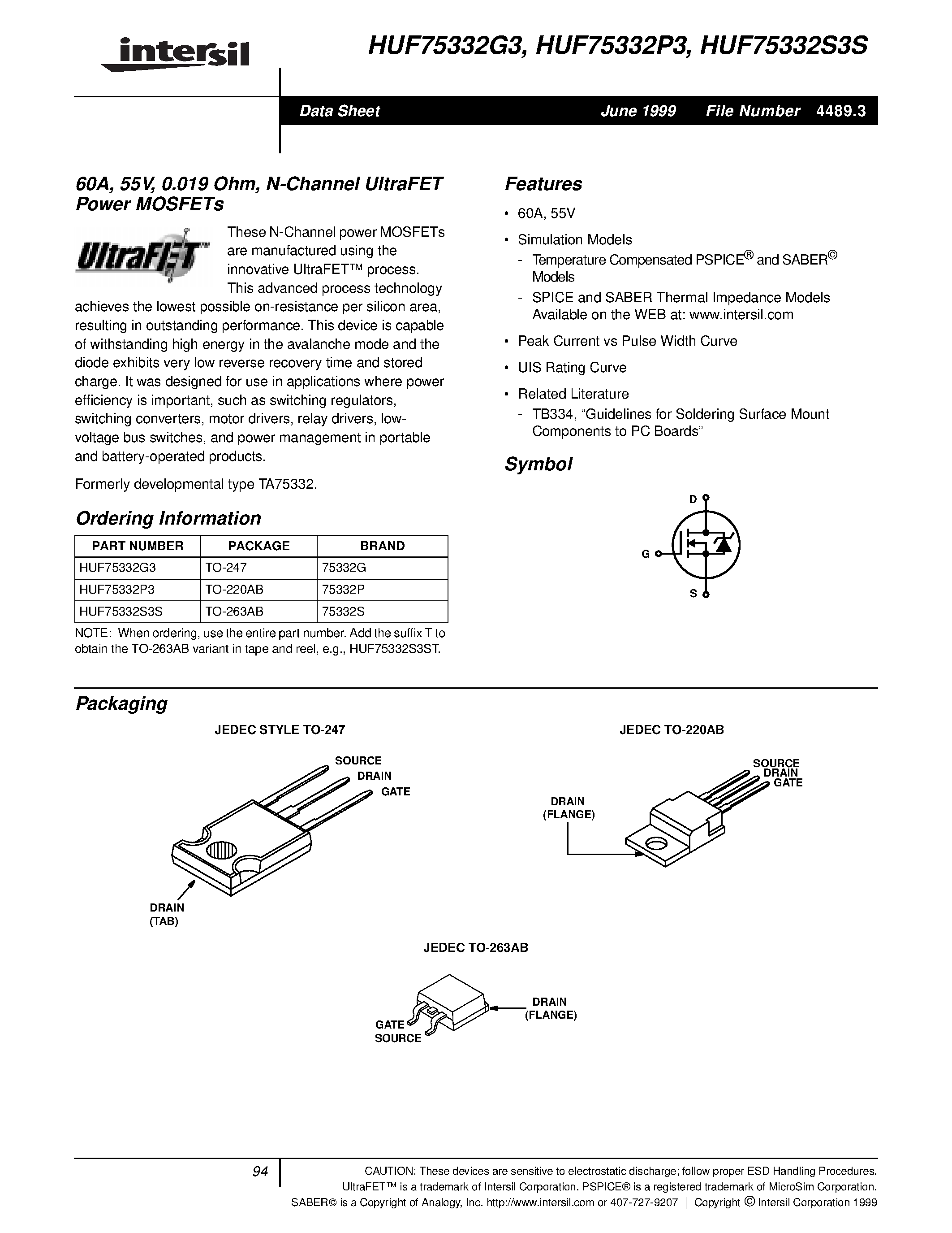 Datasheet HUF75332P3 page 1 Datasheet HUF75332P3 - 60A/ 55V/ 0.019 Ohm/ N-Channel UltraFET Power MOSFETs page 1