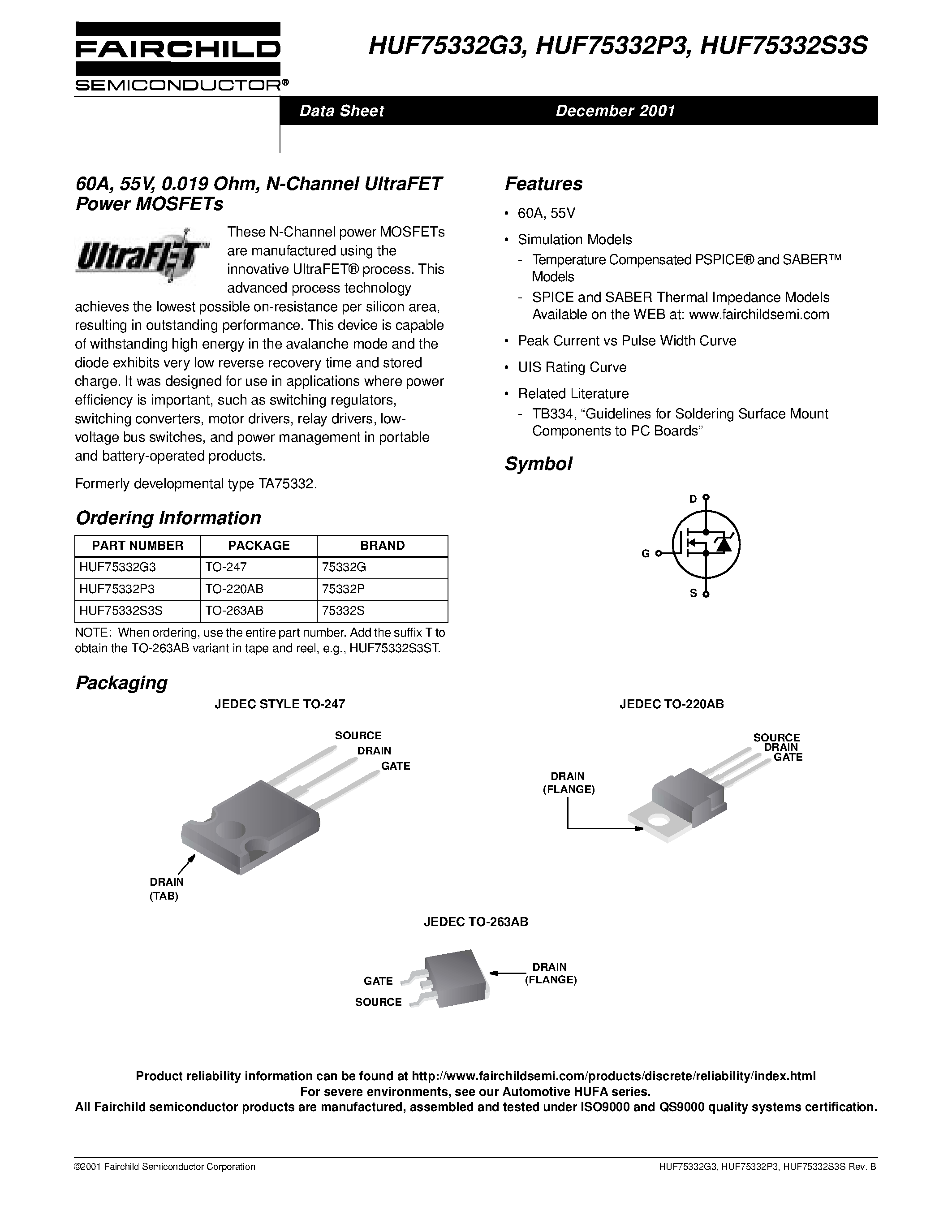 Datasheet HUF75332S3S - 60A/ 55V/ 0.019 Ohm/ N-Channel UltraFET Power MOSFETs page 1