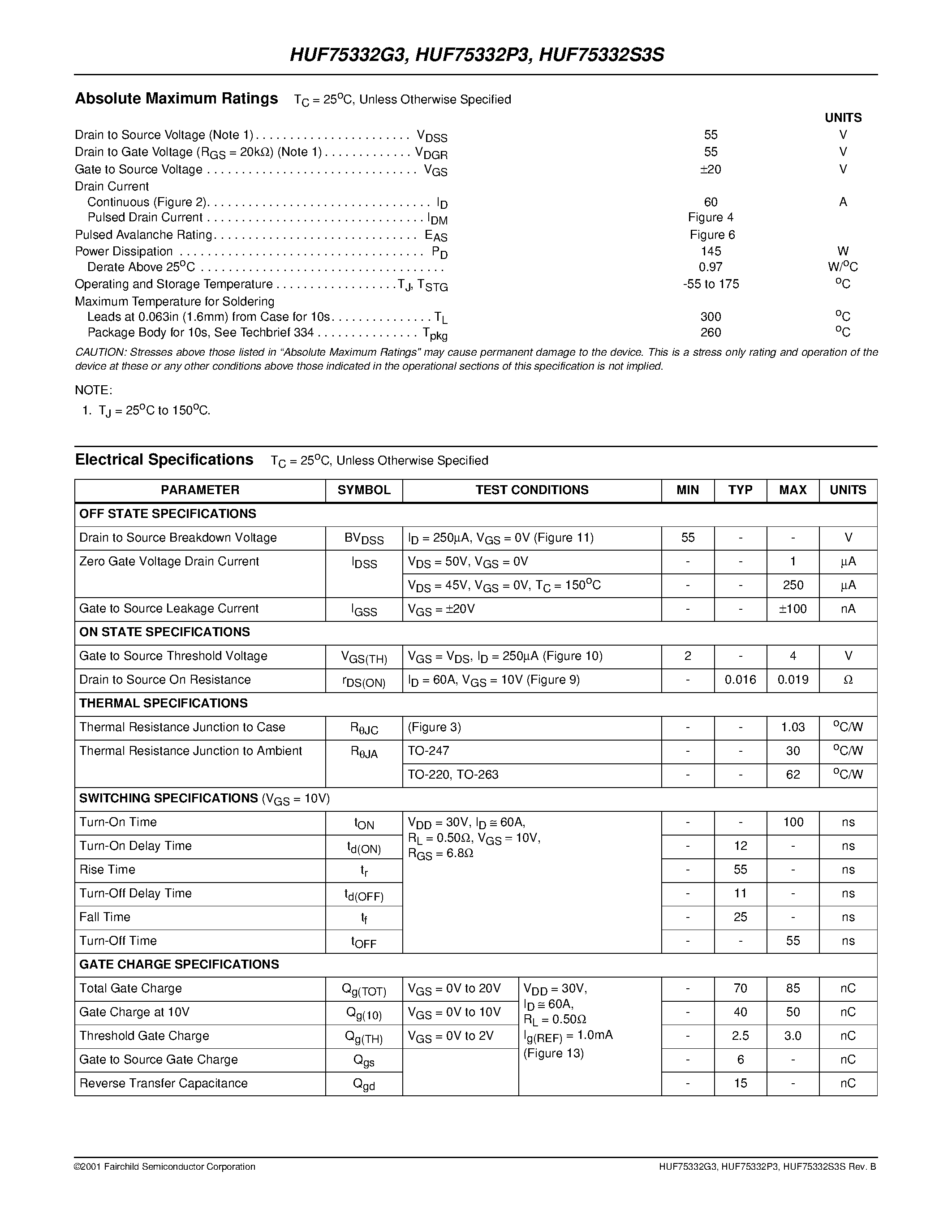 Datasheet HUF75332S3S - 60A/ 55V/ 0.019 Ohm/ N-Channel UltraFET Power MOSFETs page 2