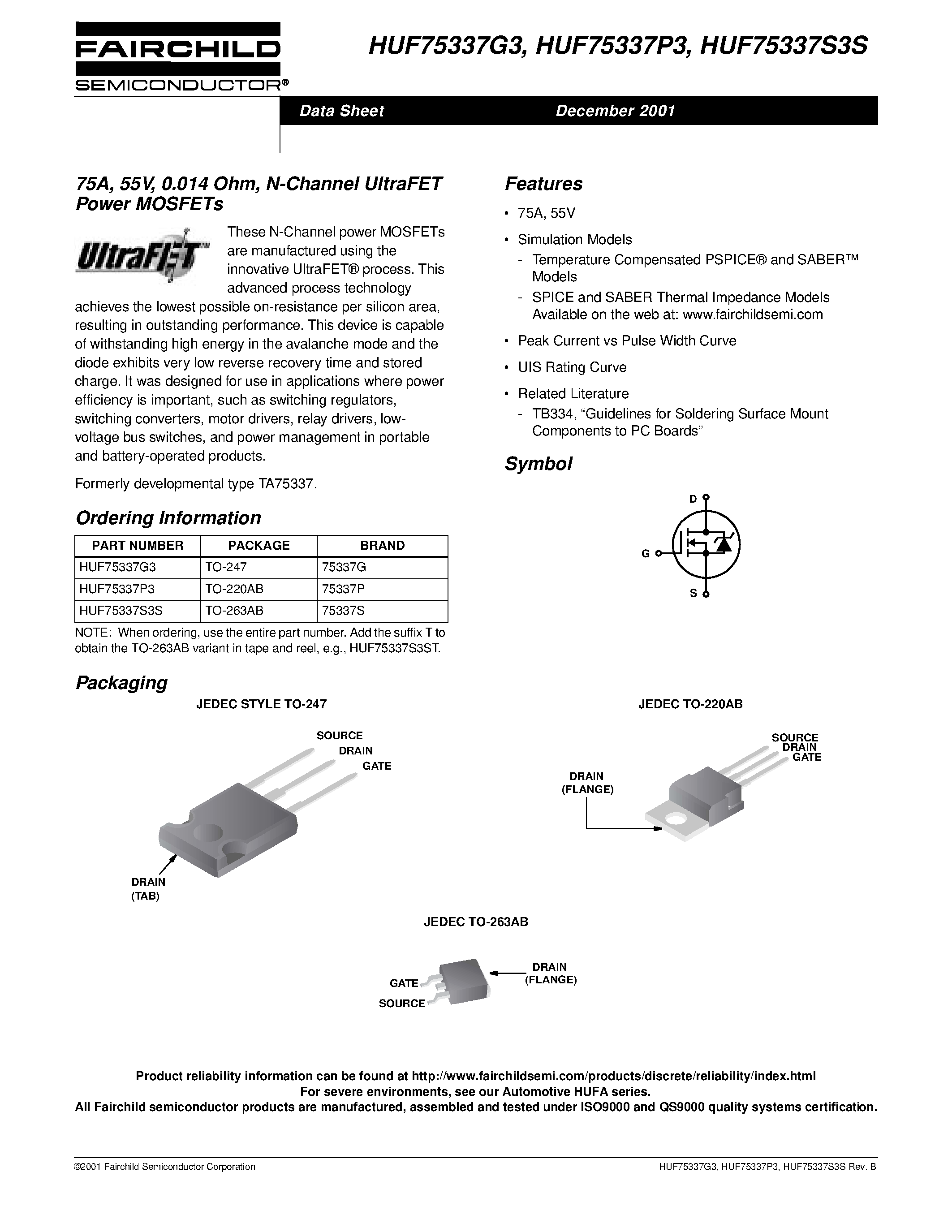 Datasheet HUF75337P3 - 75A/ 55V/ 0.014 Ohm/ N-Channel UltraFET Power MOSFETs page 1