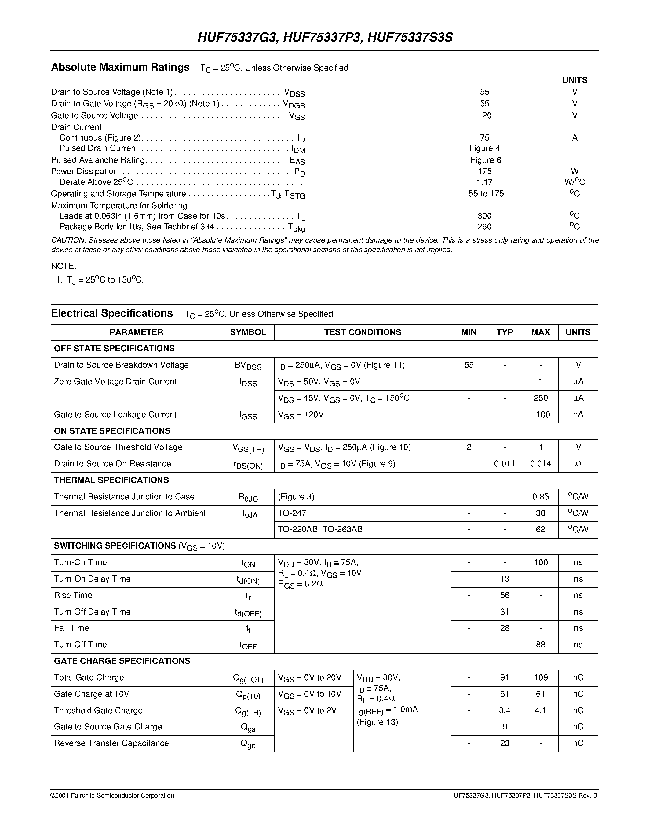 Datasheet HUF75337P3 - 75A/ 55V/ 0.014 Ohm/ N-Channel UltraFET Power MOSFETs page 2