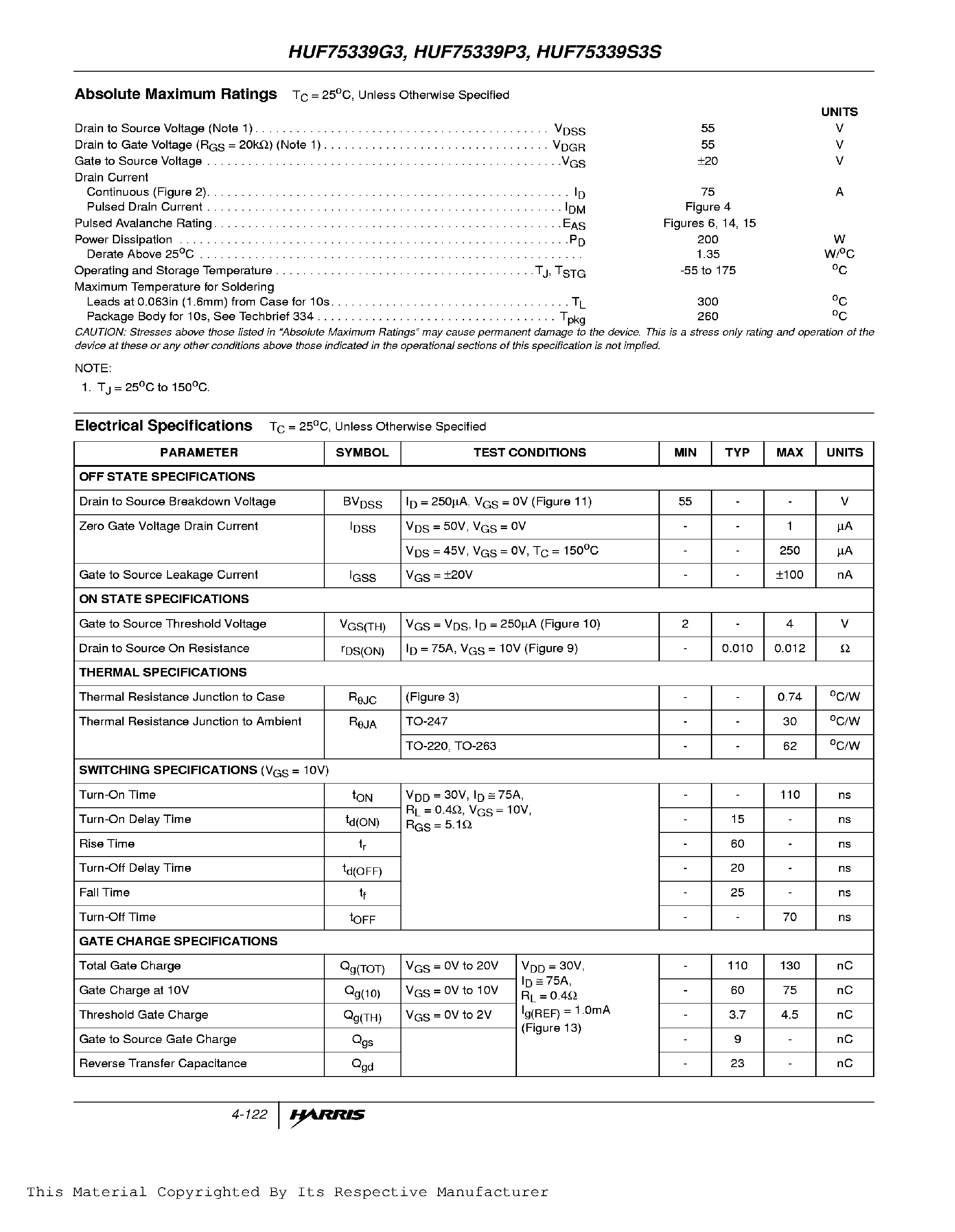 Datasheet HUF75339G3 - 75A/ 55V/ 0.012 Ohm/ N-Channel UltraFET Power MOSFETs page 2
