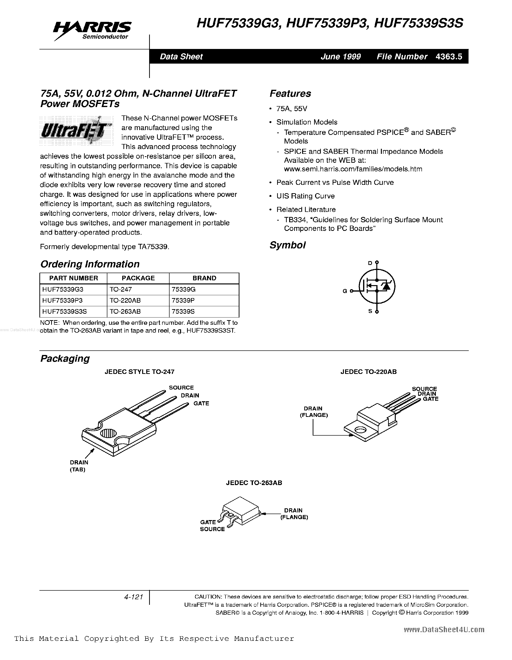 Datasheet HUF75339P3 page 1 Datasheet HUF75339P3 - 75A/ 55V/ 0.012 Ohm/ N-Channel UltraFET Power MOSFETs page 1