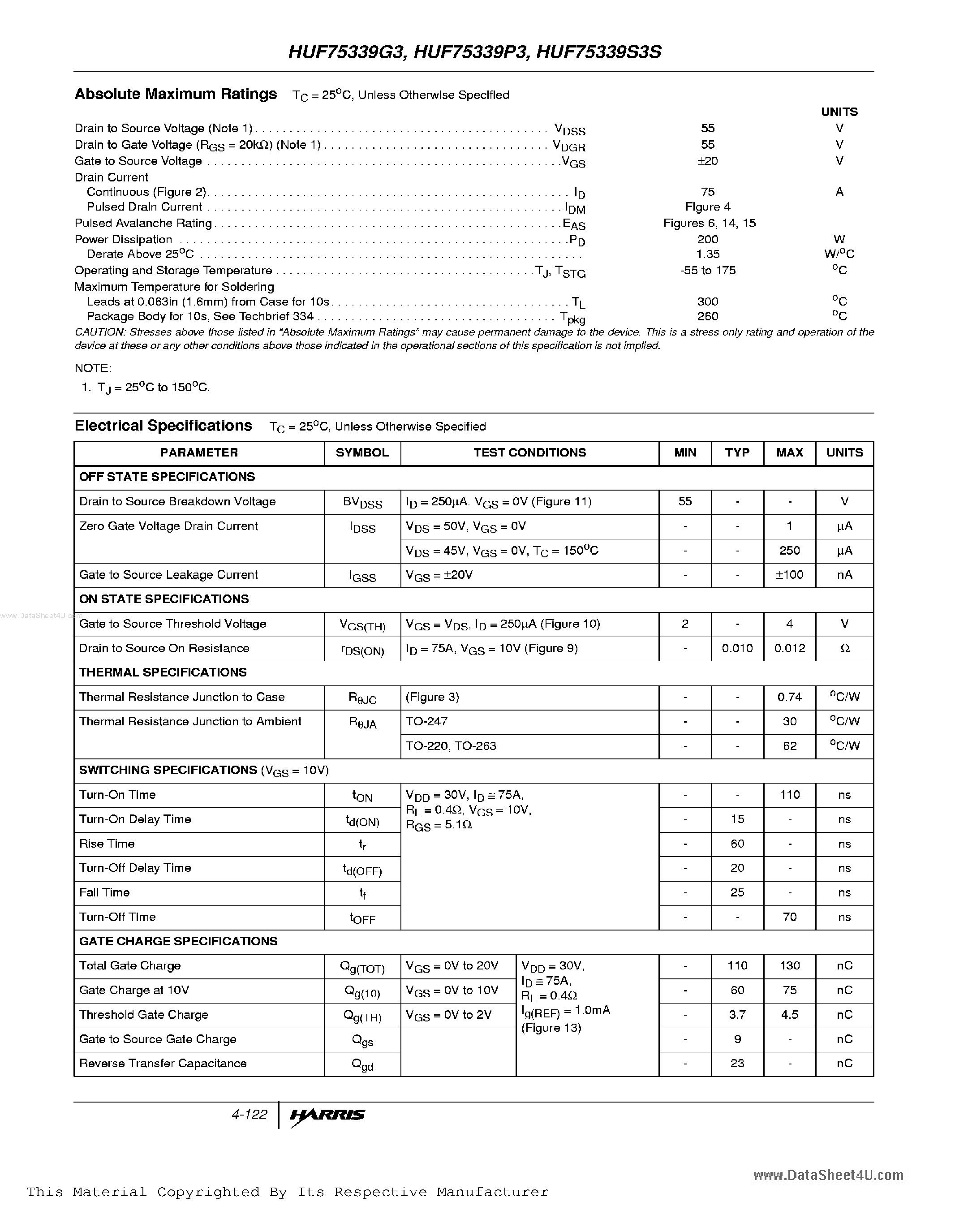 Datasheet HUF75339P3 page 2 Datasheet HUF75339P3 - 75A/ 55V/ 0.012 Ohm/ N-Channel UltraFET Power MOSFETs page 2