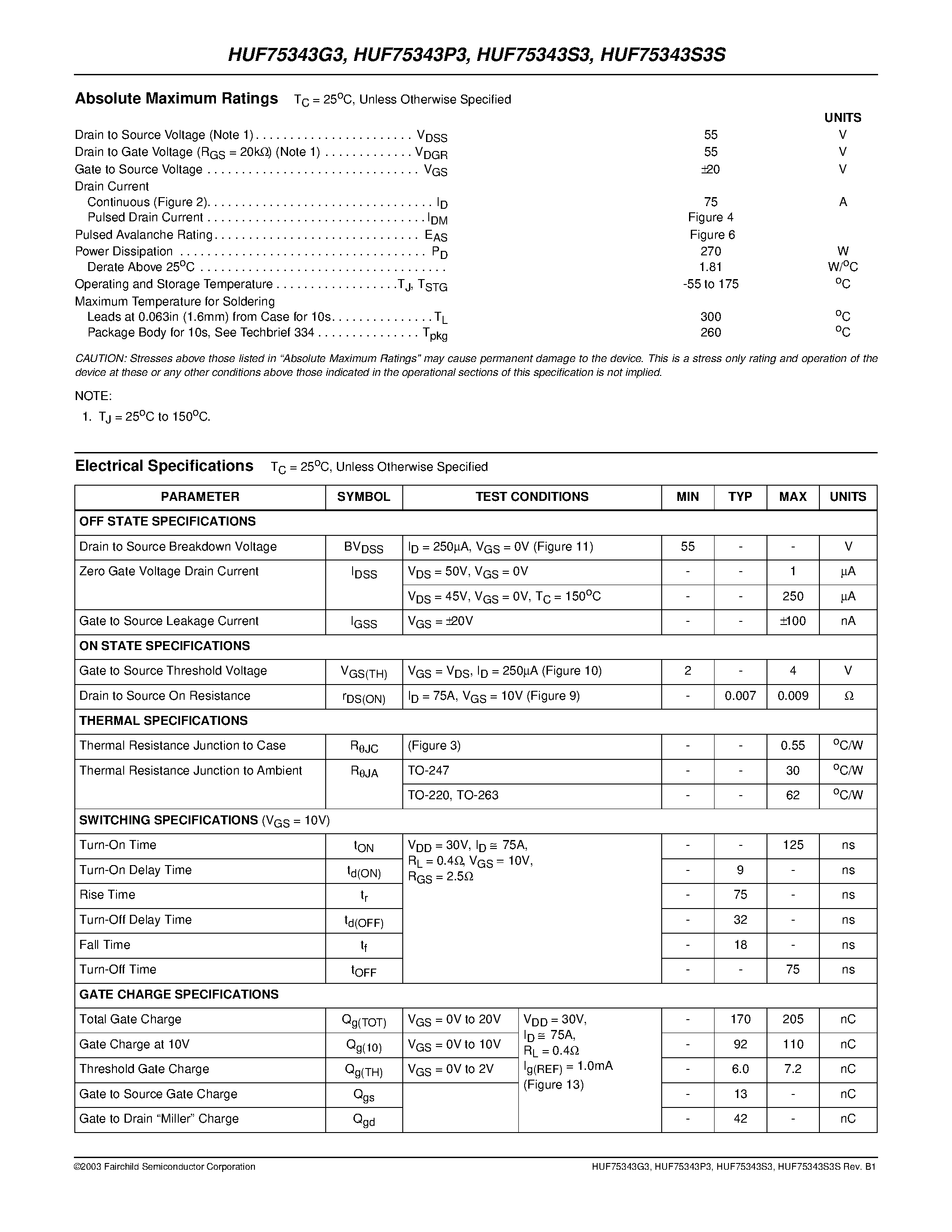 Datasheet HUF75343P3 - 75A/ 55V/ 0.009 Ohm/ N-Channel UltraFET Power MOSFETs page 2