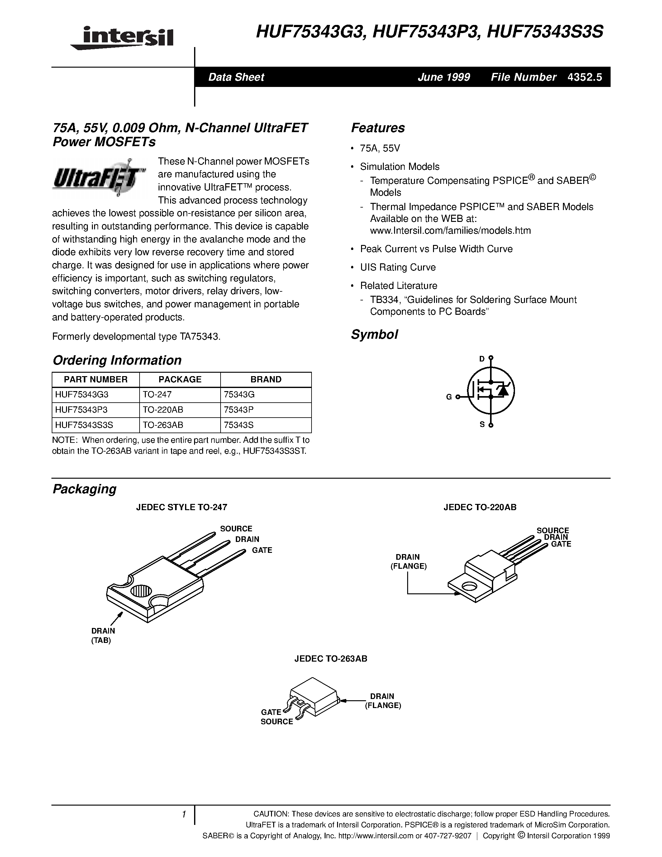 Datasheet HUF75343P3 - 75A/ 55V/ 0.009 Ohm/ N-Channel UltraFET Power MOSFETs page 1