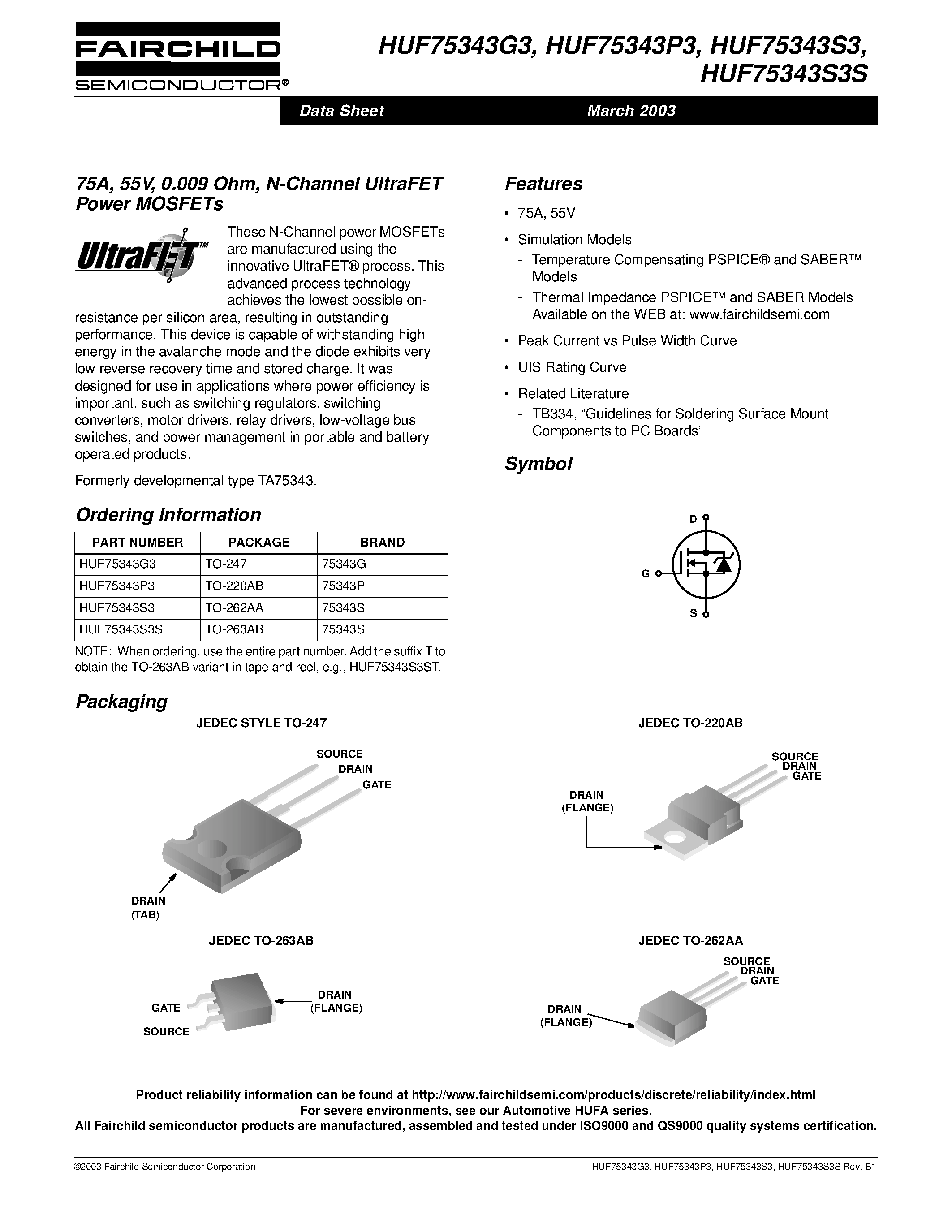 Datasheet HUF75343S3 - 75A/ 55V/ 0.009 Ohm/ N-Channel UltraFET Power MOSFETs page 1
