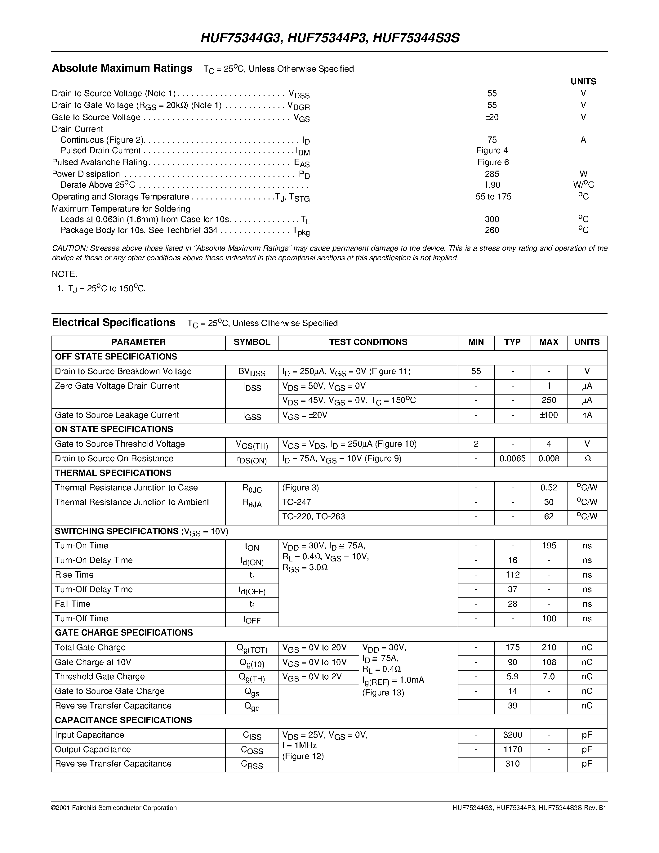 Datasheet HUF75344G3 page 2 Datasheet HUF75344G3 - 75A/ 55V/ 0.008 Ohm/ N-Channel UltraFET Power MOSFETs page 2