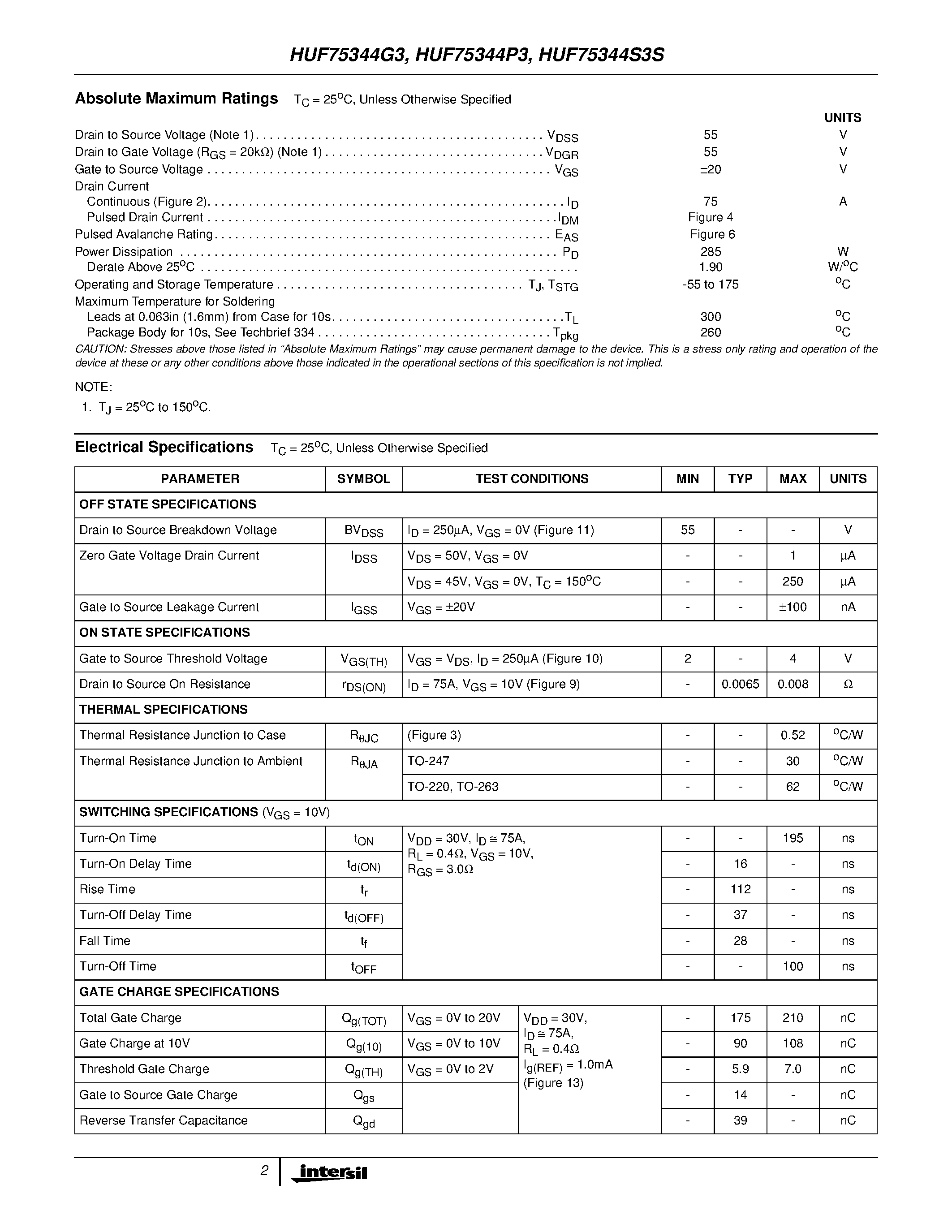 Datasheet HUF75344P3 - 75A/ 55V/ 0.008 Ohm/ N-Channel UltraFET Power MOSFETs page 2