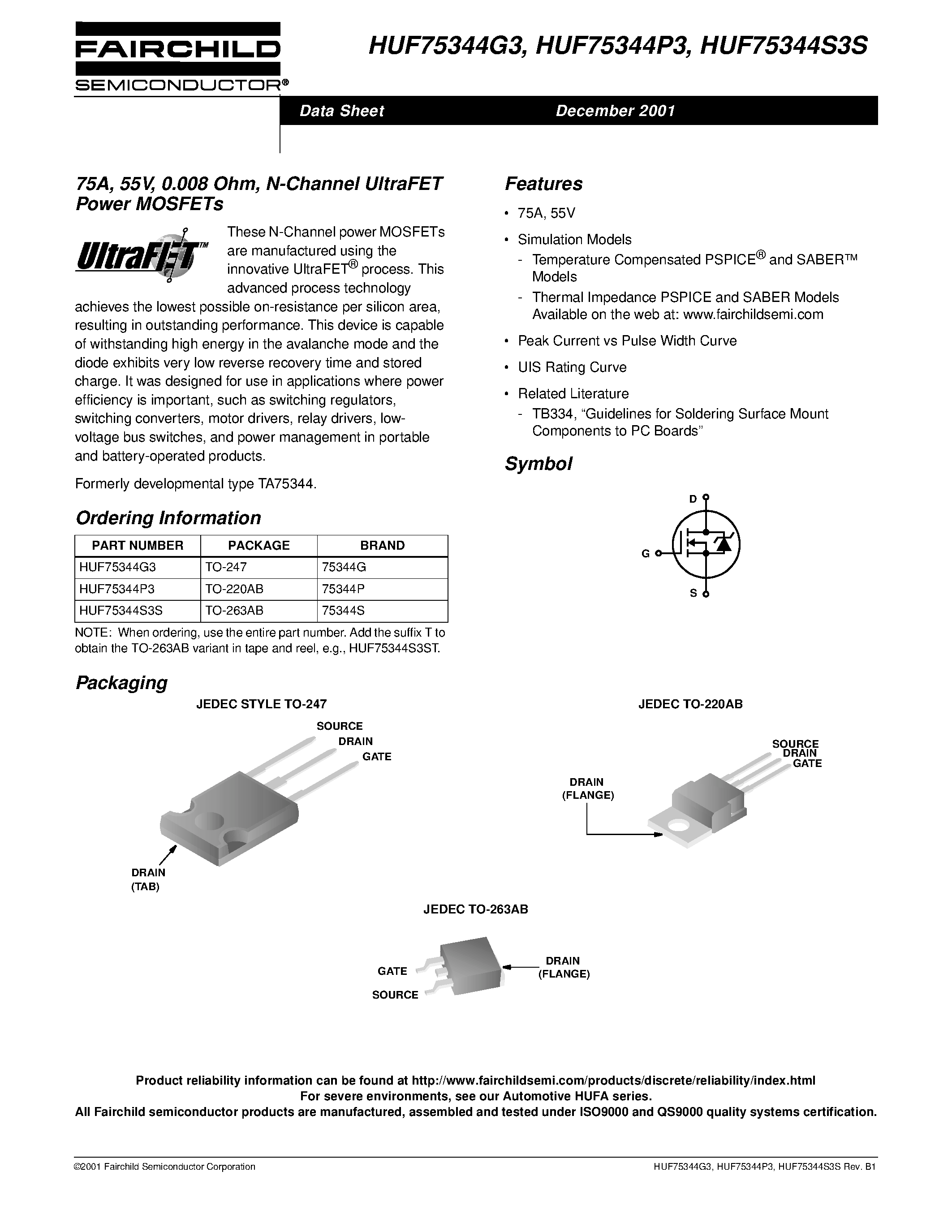 Datasheet HUF75344S3S - 75A/ 55V/ 0.008 Ohm/ N-Channel UltraFET Power MOSFETs page 1