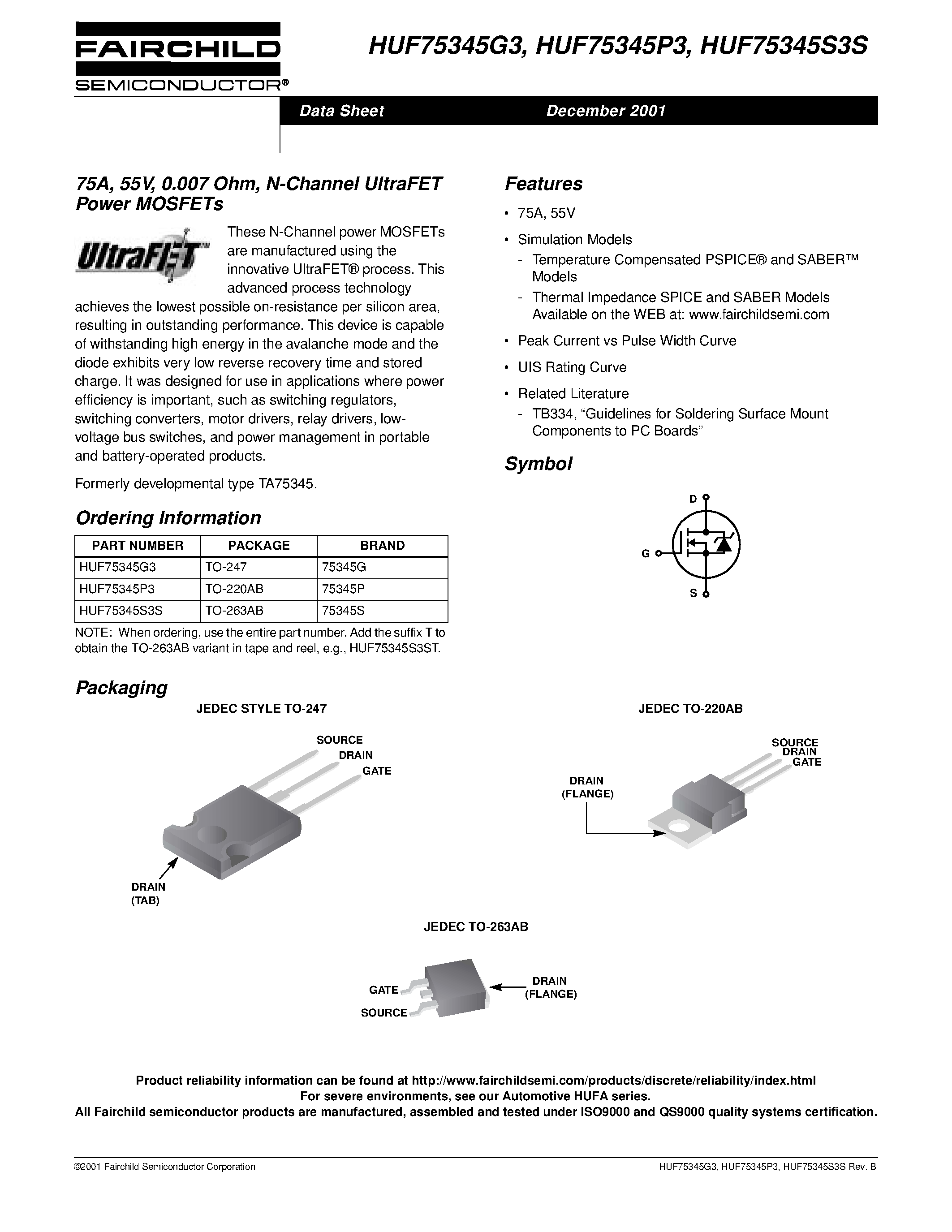 Datasheet HUF75345G3 - 75A/ 55V/ 0.007 Ohm/ N-Channel UltraFET Power MOSFETs page 1