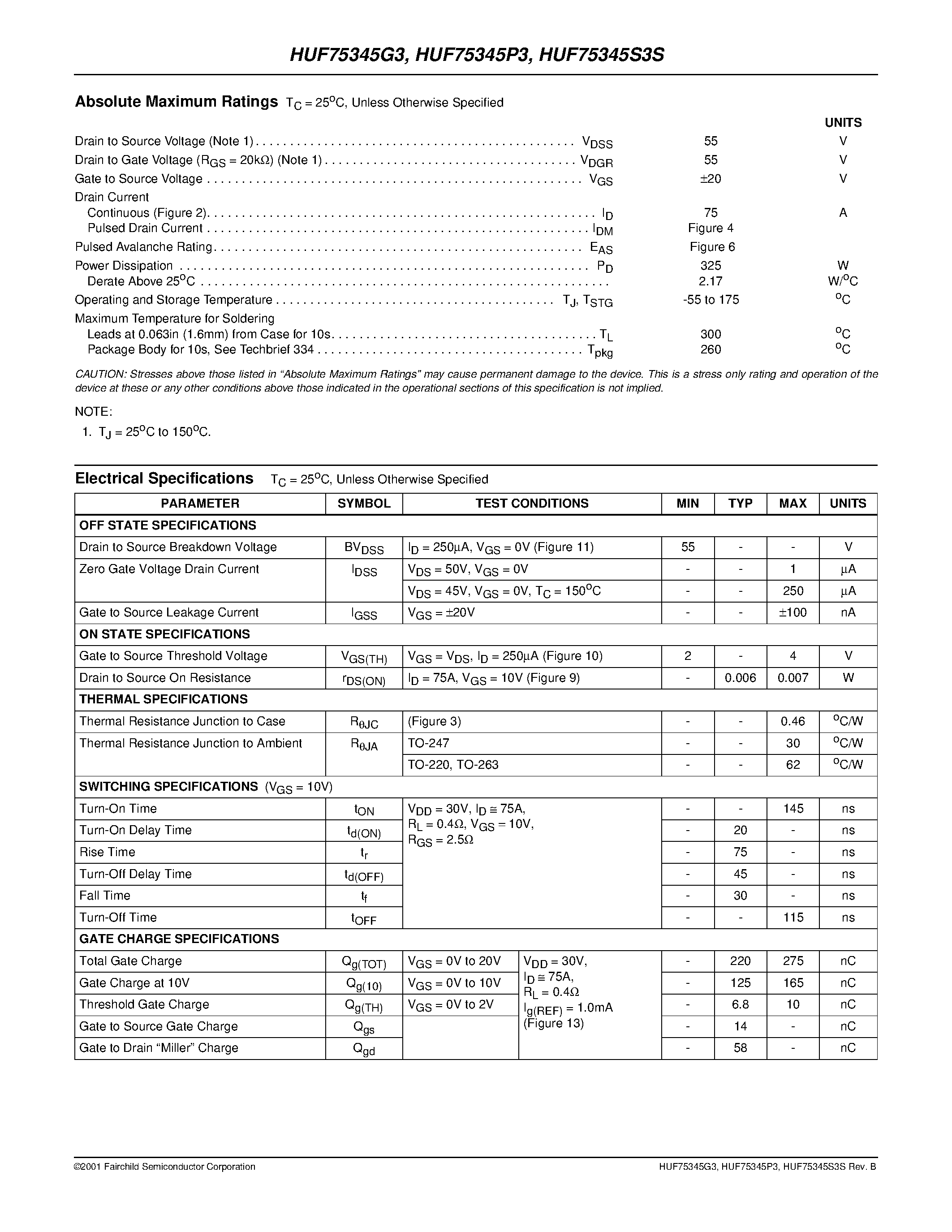 Datasheet HUF75345P3 - 75A/ 55V/ 0.007 Ohm/ N-Channel UltraFET Power MOSFETs page 2