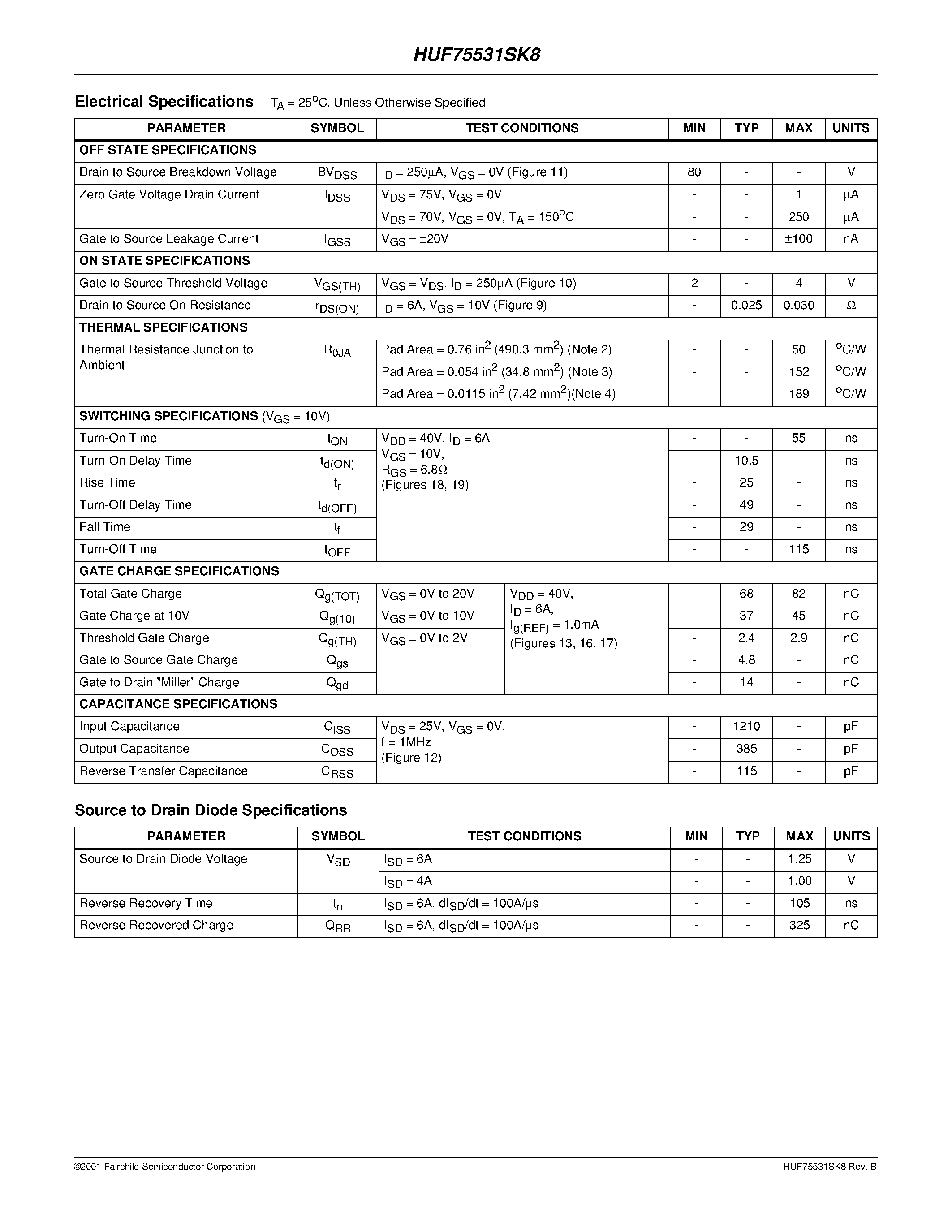 Datasheet HUF75531SK8 page 2 Datasheet HUF75531SK8 - 6A/ 80V/ 0.030 Ohm/ N-Channel/ UltraFET Power MOSFET page 2