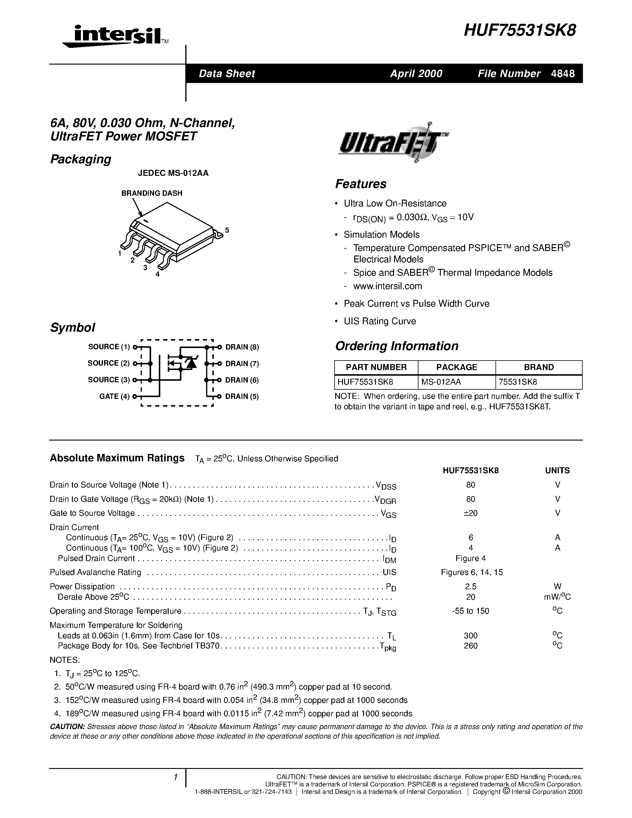 Datasheet HUF75531SK8 - 6A/ 80V/ 0.030 Ohm/ N-Channel/ UltraFET Power MOSFET page 1