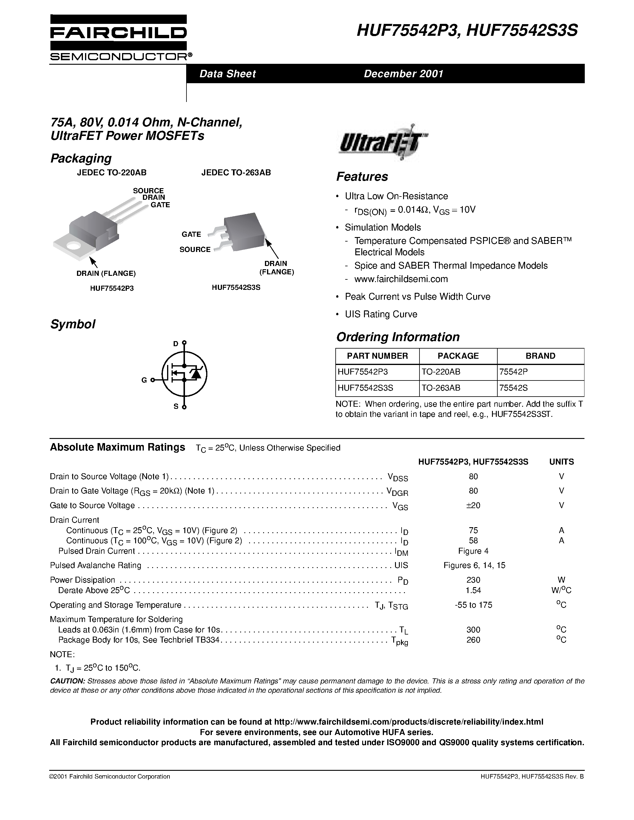 Datasheet HUF75542P3 - 75A/ 80V/ 0.014 Ohm/ N-Channel/ UltraFET Power MOSFETs page 1