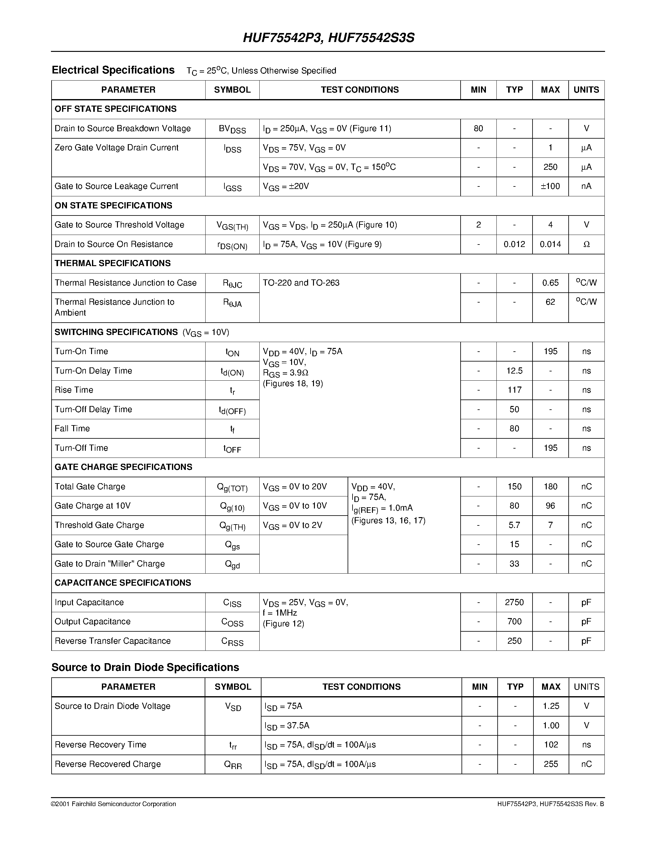 Datasheet HUF75542S3S - 75A/ 80V/ 0.014 Ohm/ N-Channel/ UltraFET Power MOSFETs page 2