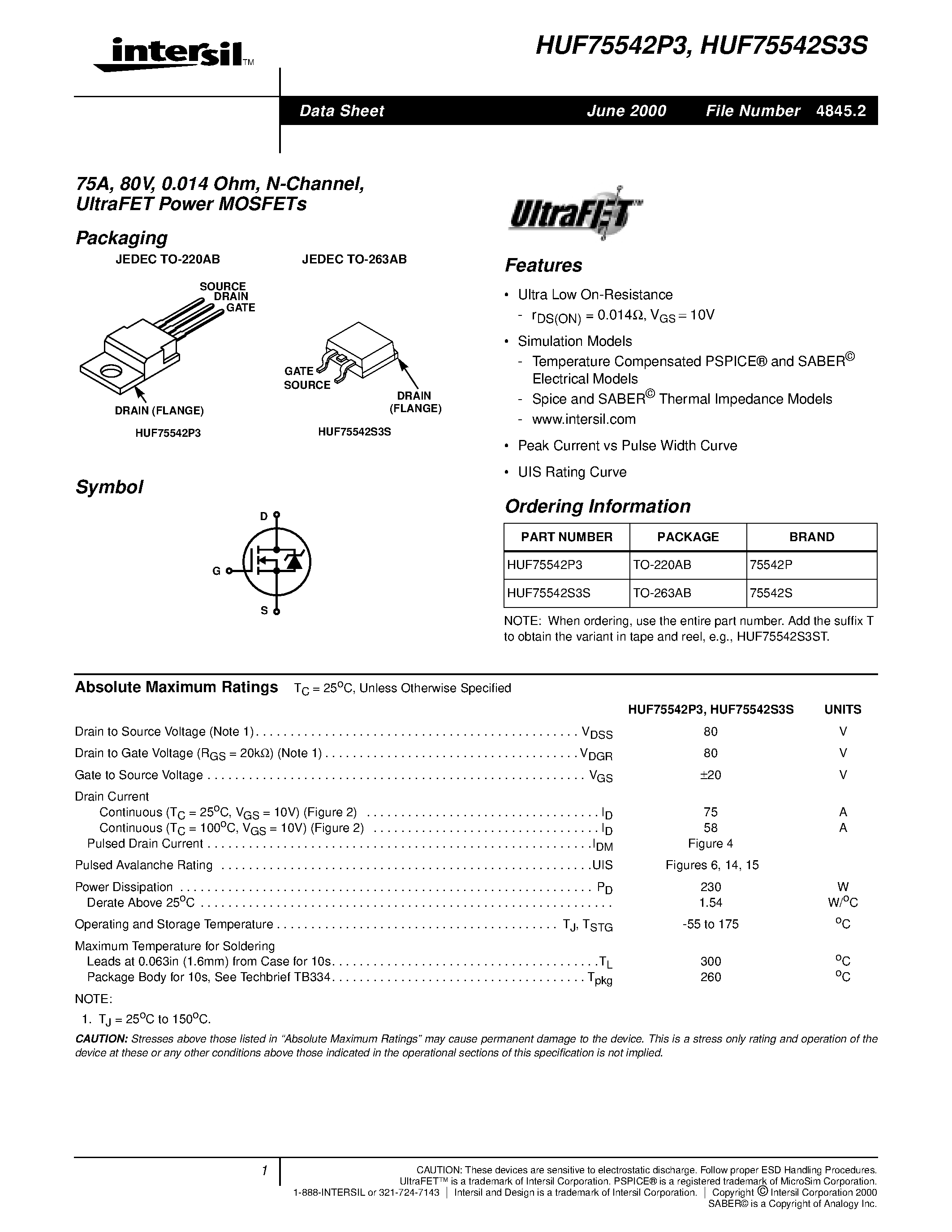 Datasheet HUF75542S3S - 75A/ 80V/ 0.014 Ohm/ N-Channel/ UltraFET Power MOSFETs page 1