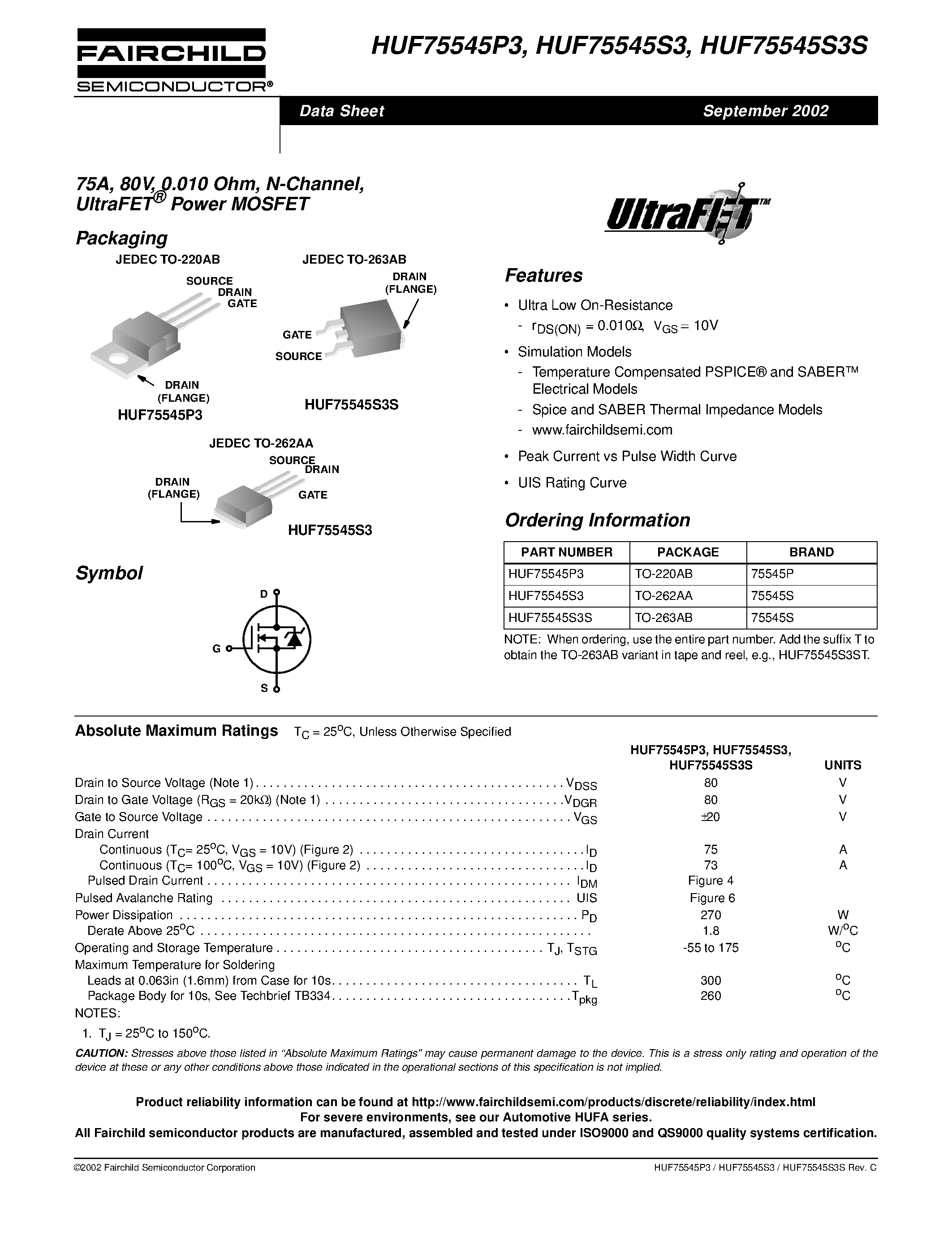 Datasheet HUF75545P3 - 75A/ 80V/ 0.010 Ohm/ N-Channel/ UltraFET Power MOSFET page 1