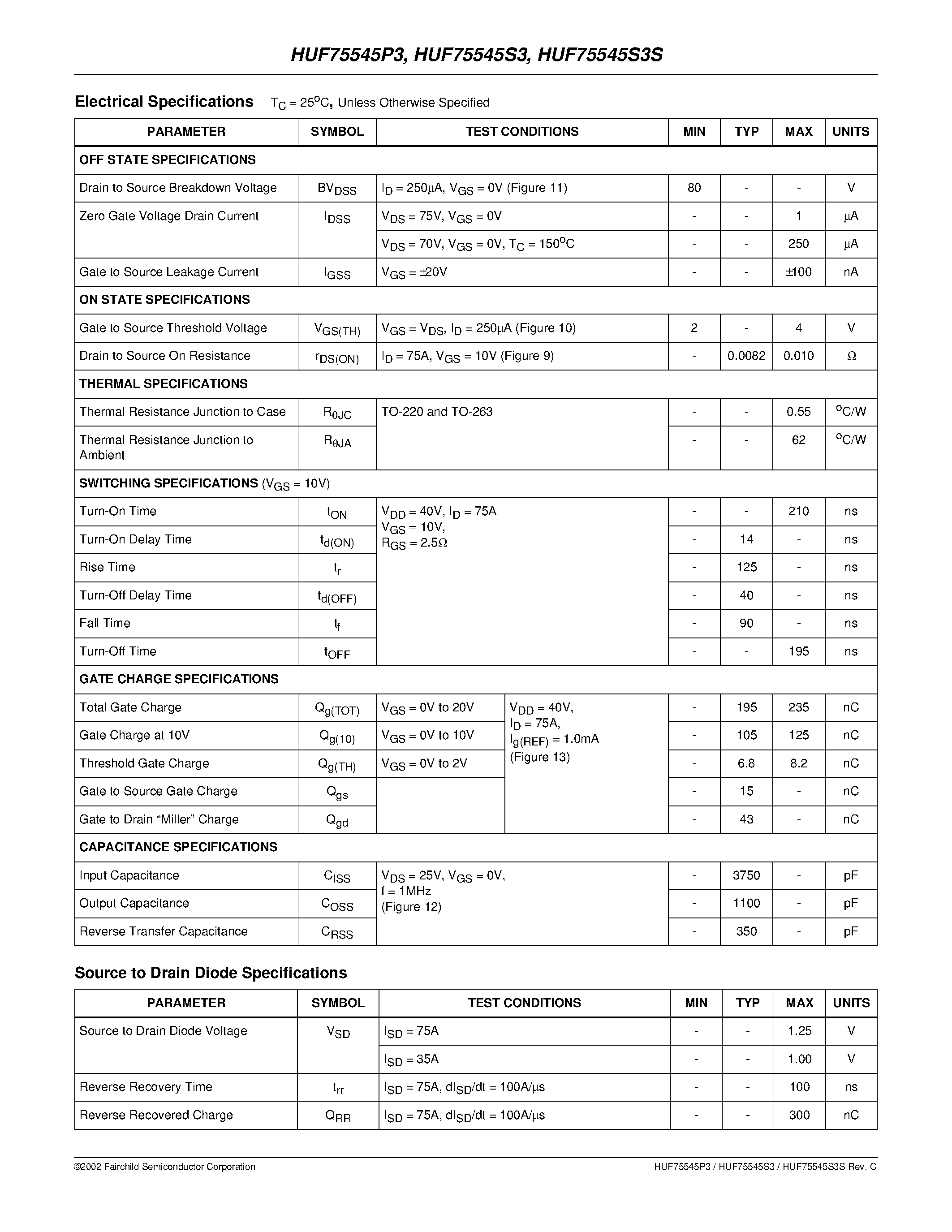 Datasheet HUF75545S3 - 75A/ 80V/ 0.010 Ohm/ N-Channel/ UltraFET Power MOSFET page 2