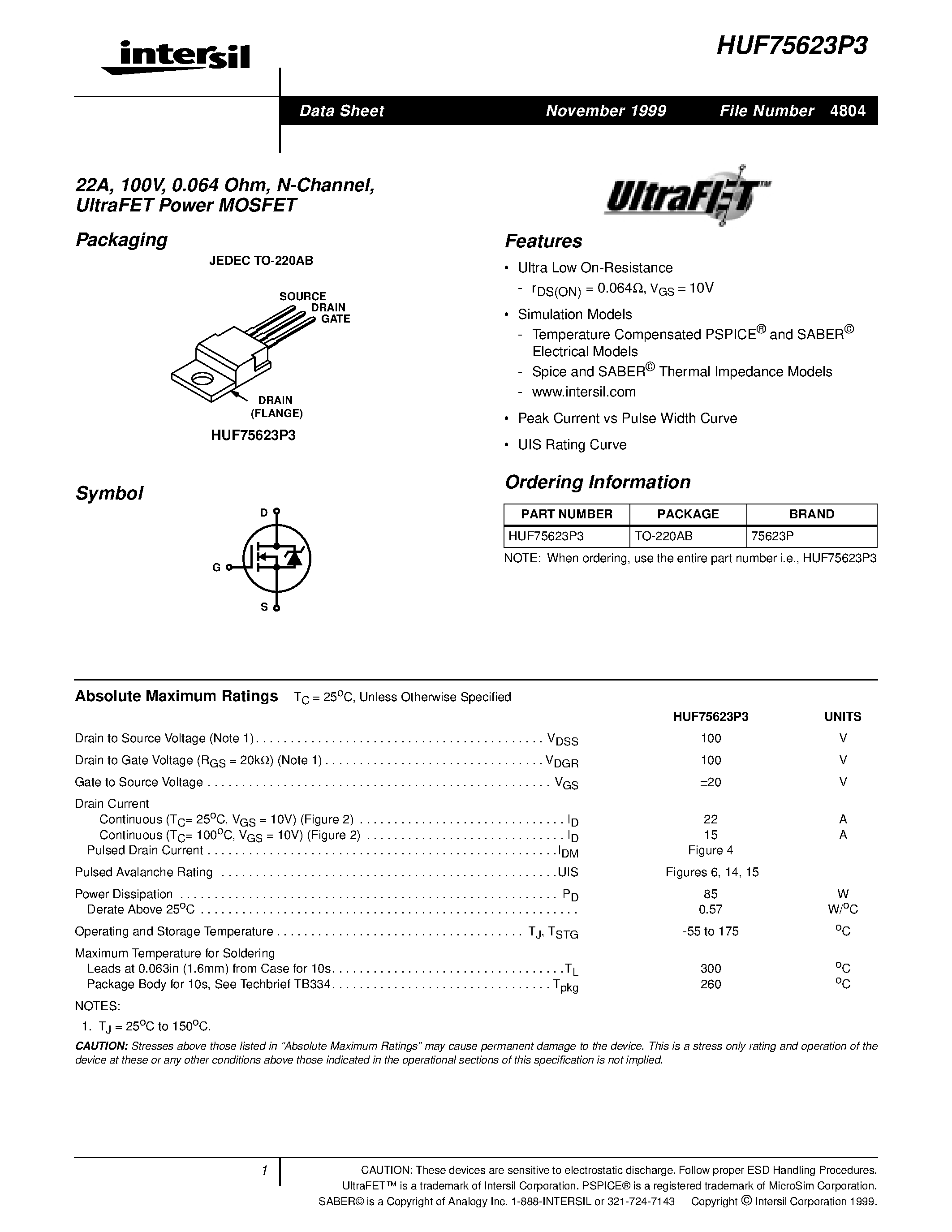 Datasheet HUF75623P3 page 1 Datasheet HUF75623P3 - 22A/ 100V/ 0.064 Ohm/ N-Channel/ UltraFET Power MOSFET page 1