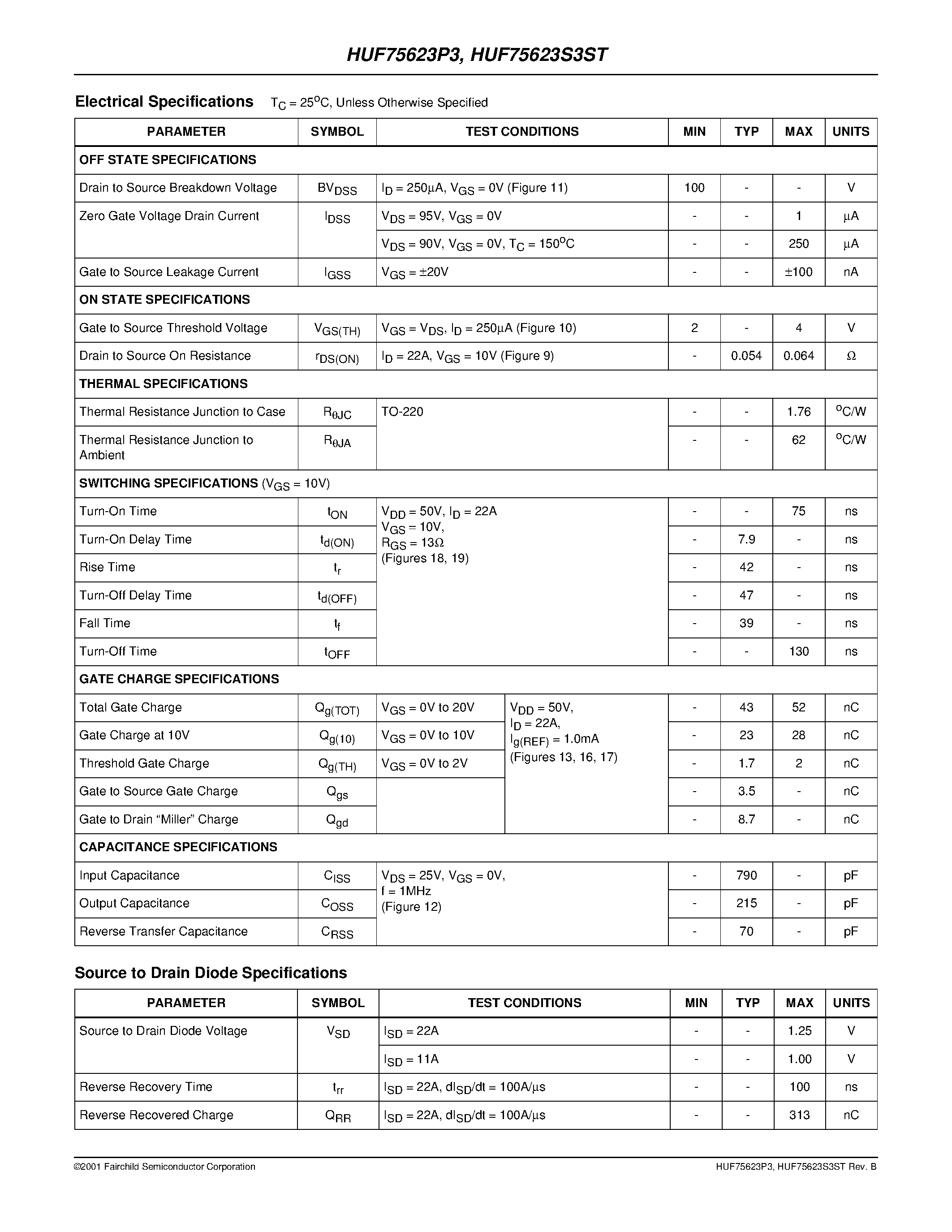 Datasheet HUF75623S3ST - 22A/ 100V/ 0.064 Ohm/ N-Channel/ UltraFET Power MOSFETs page 2
