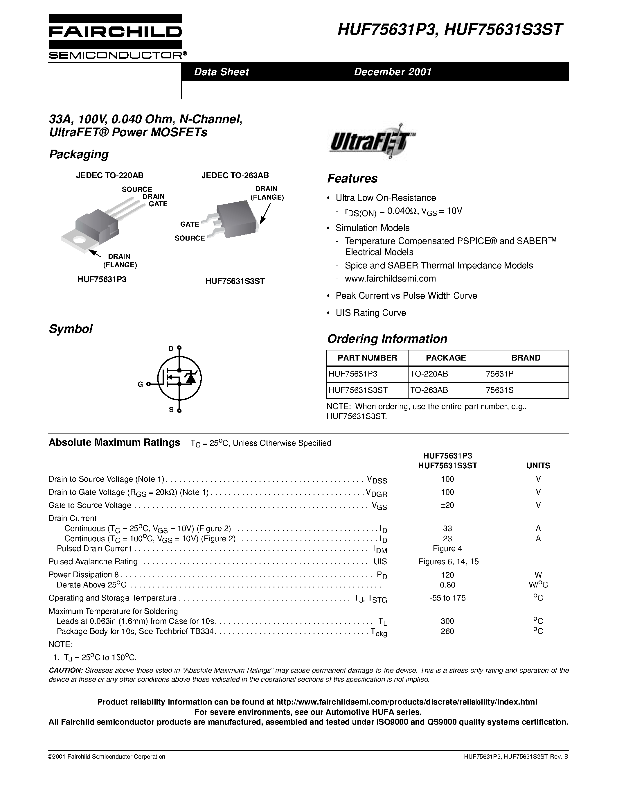 Datasheet HUF75631P3 - 33A/ 100V/ 0.040 Ohm/ N-Channel/ UltraFET Power MOSFETs page 1