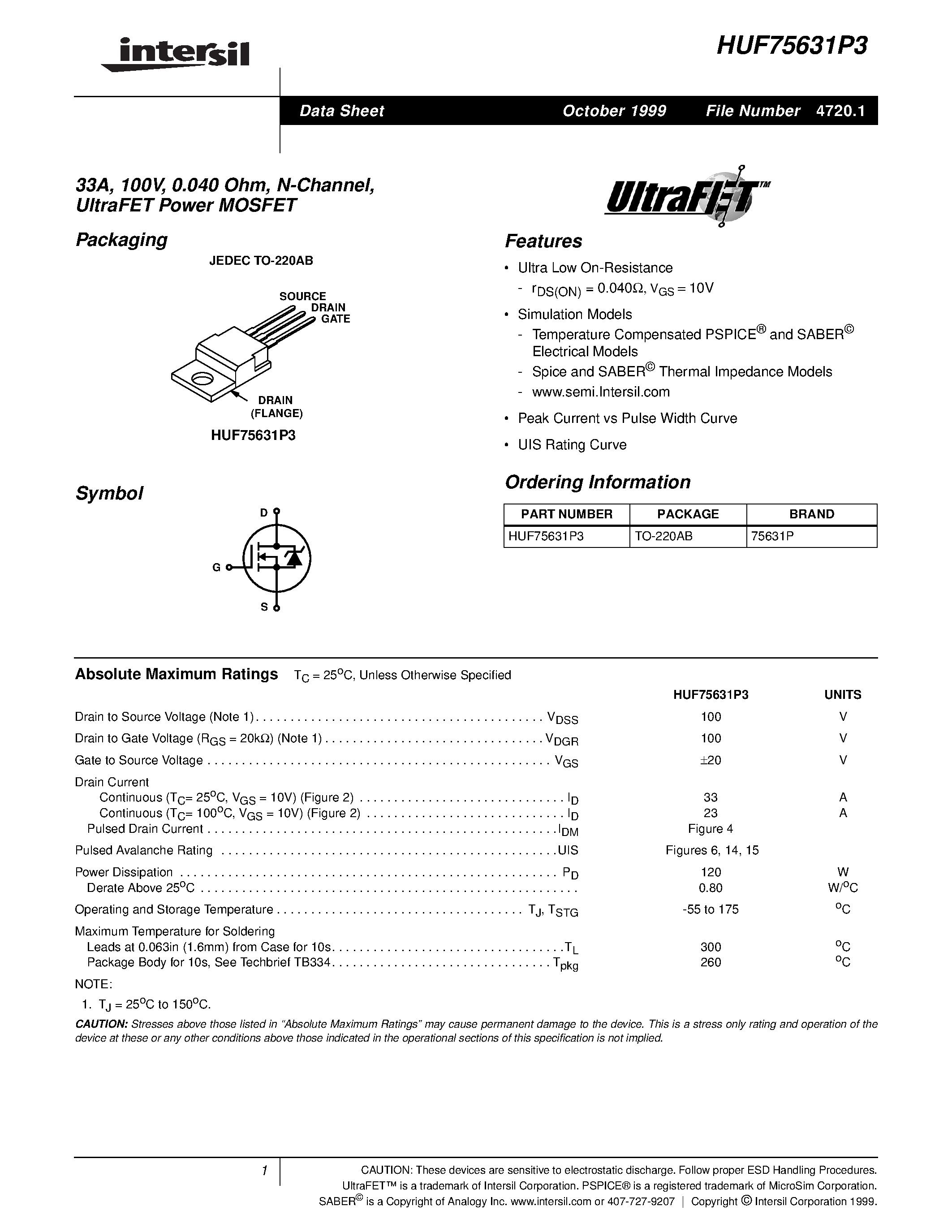 Datasheet HUF75631P3 - 33A/ 100V/ 0.040 Ohm/ N-Channel/ UltraFET Power MOSFET page 1