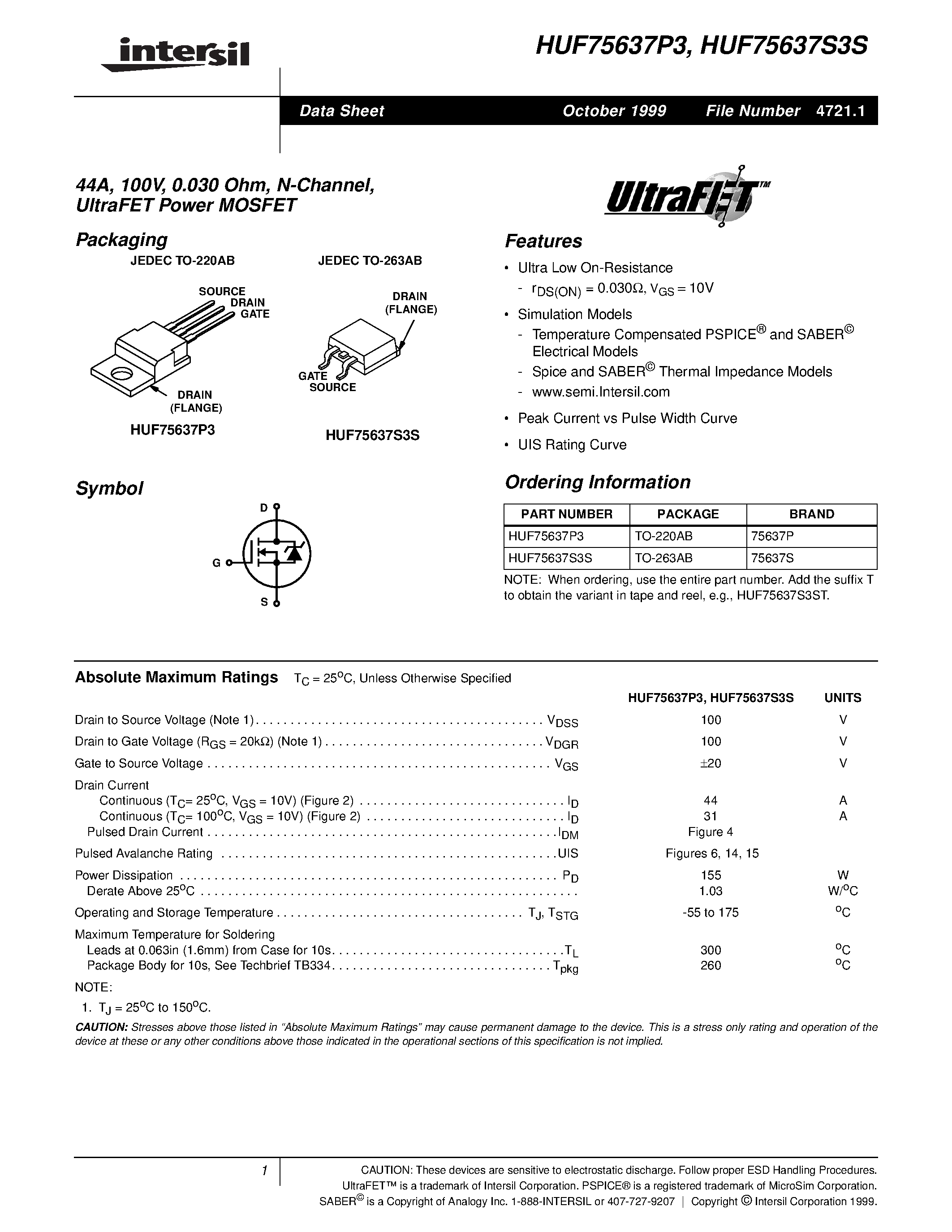 Datasheet HUF75637P3 - 44A/ 100V/ 0.030 Ohm/ N-Channel/ UltraFET Power MOSFET page 1