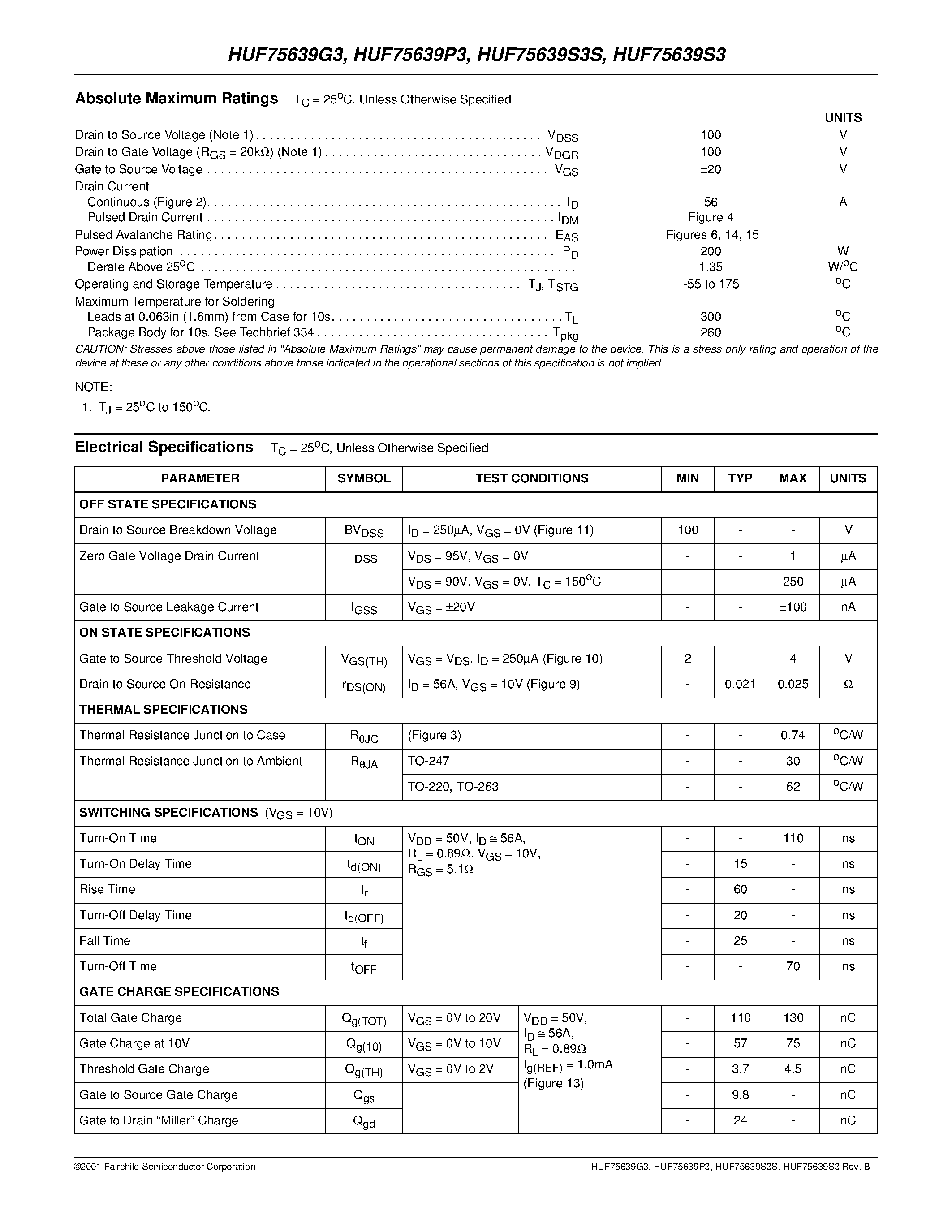 Datasheet HUF75639G3 - 56A/ 100V/ 0.025 Ohm/ N-Channel UltraFET Power MOSFETs page 2