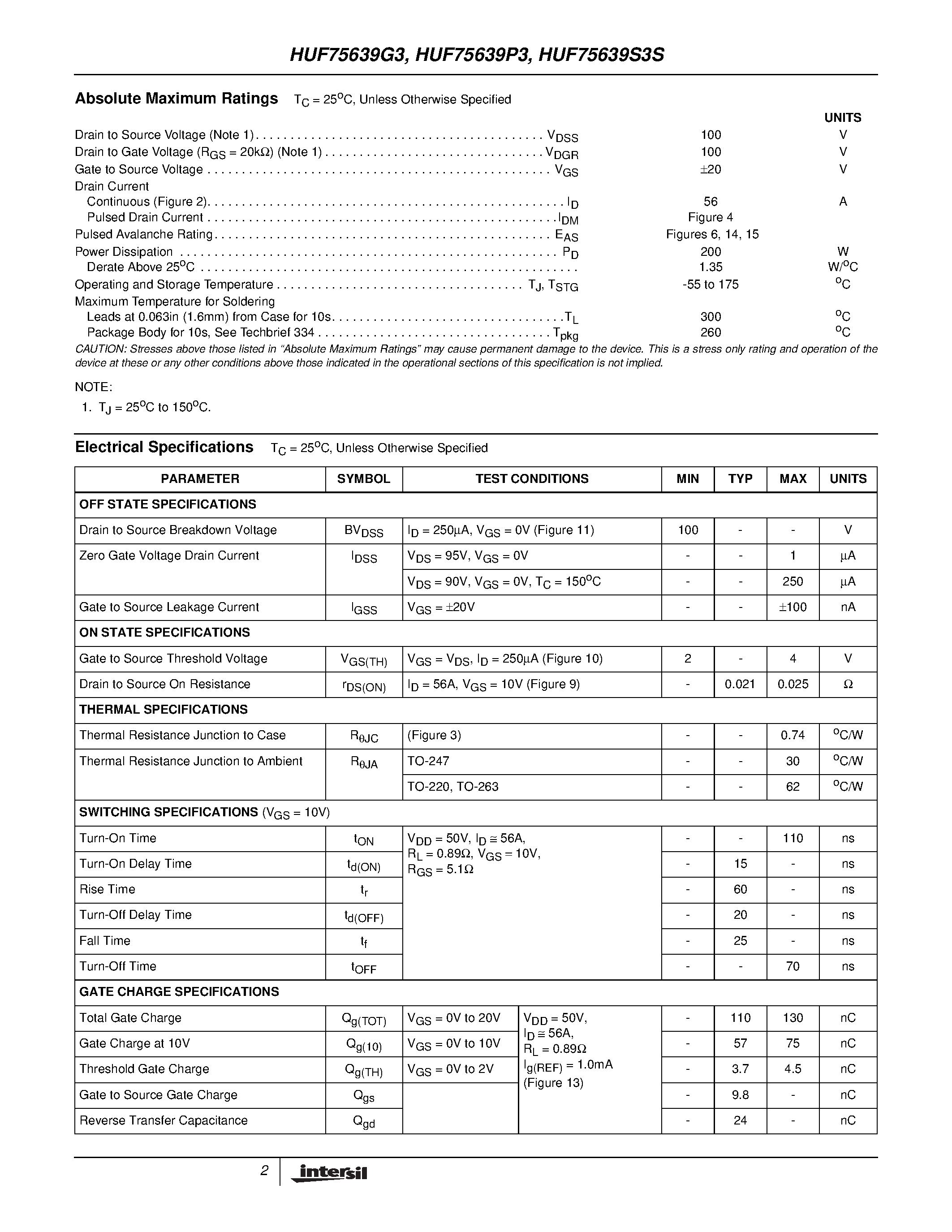 Datasheet HUF75639P3 - 56A/ 100V/ 0.025 Ohm/ N-Channel UltraFET Power MOSFETs page 2