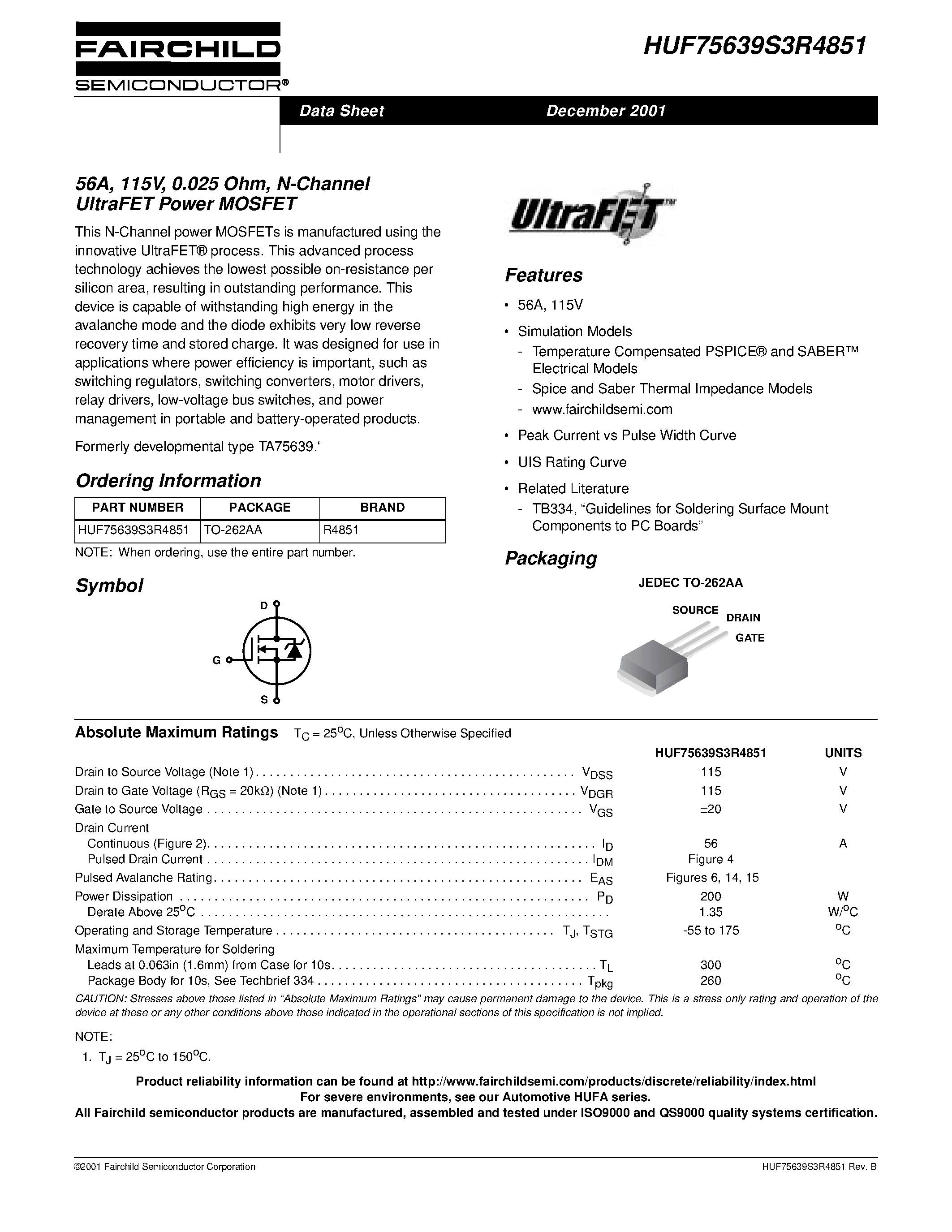 Datasheet HUF75639S3R4851 - 56A/ 115V/ 0.025 Ohm/ N-Channel UltraFET Power MOSFET page 1