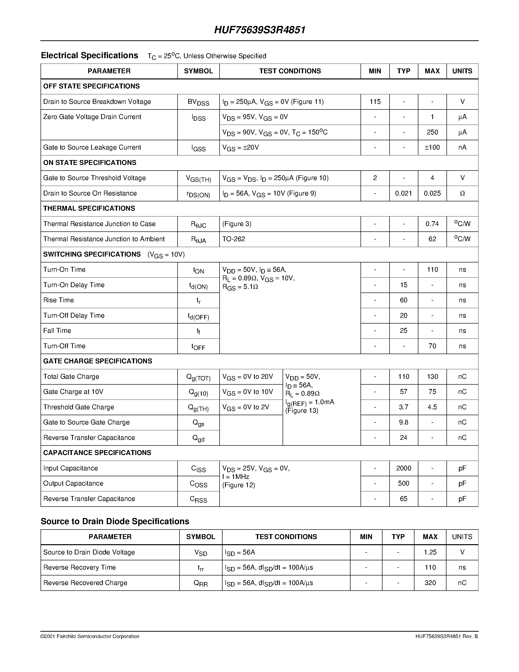 Datasheet HUF75639S3R4851 - 56A/ 115V/ 0.025 Ohm/ N-Channel UltraFET Power MOSFET page 2