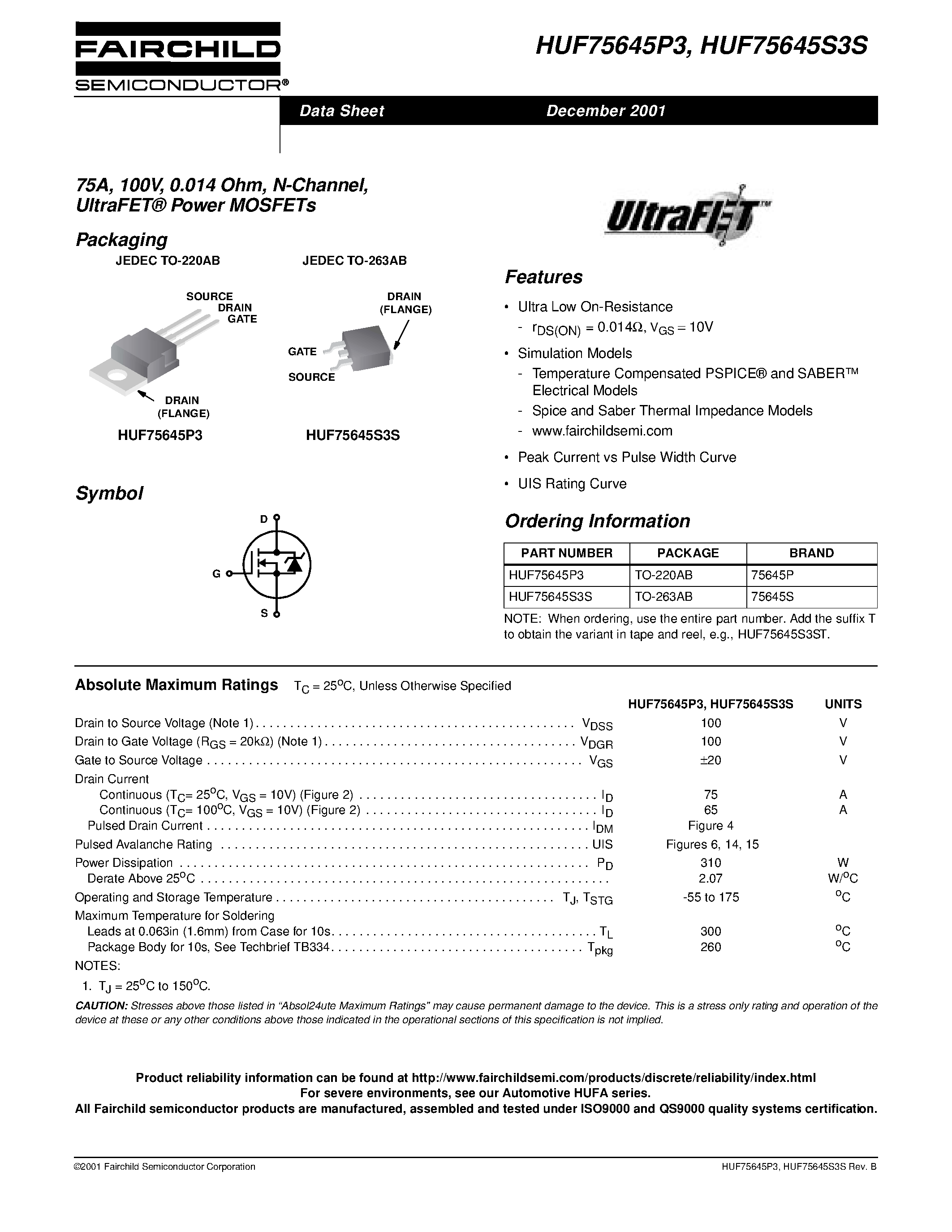Datasheet HUF75645P3 - 75A/ 100V/ 0.014 Ohm/ N-Channel/ UltraFET Power MOSFETs page 1