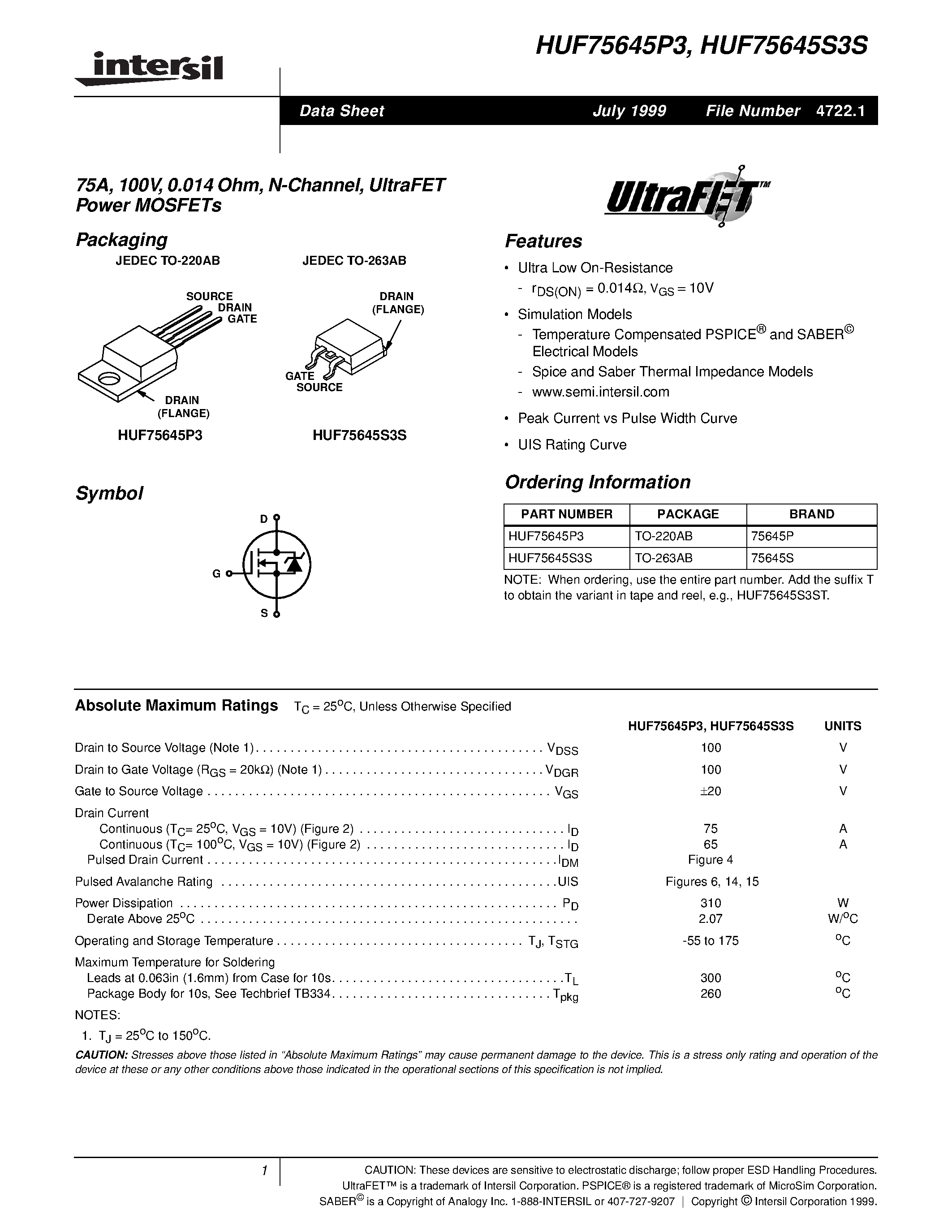 Datasheet HUF75645P3 - 75A/ 100V/ 0.014 Ohm/ N-Channel/ UltraFET Power MOSFETs page 1