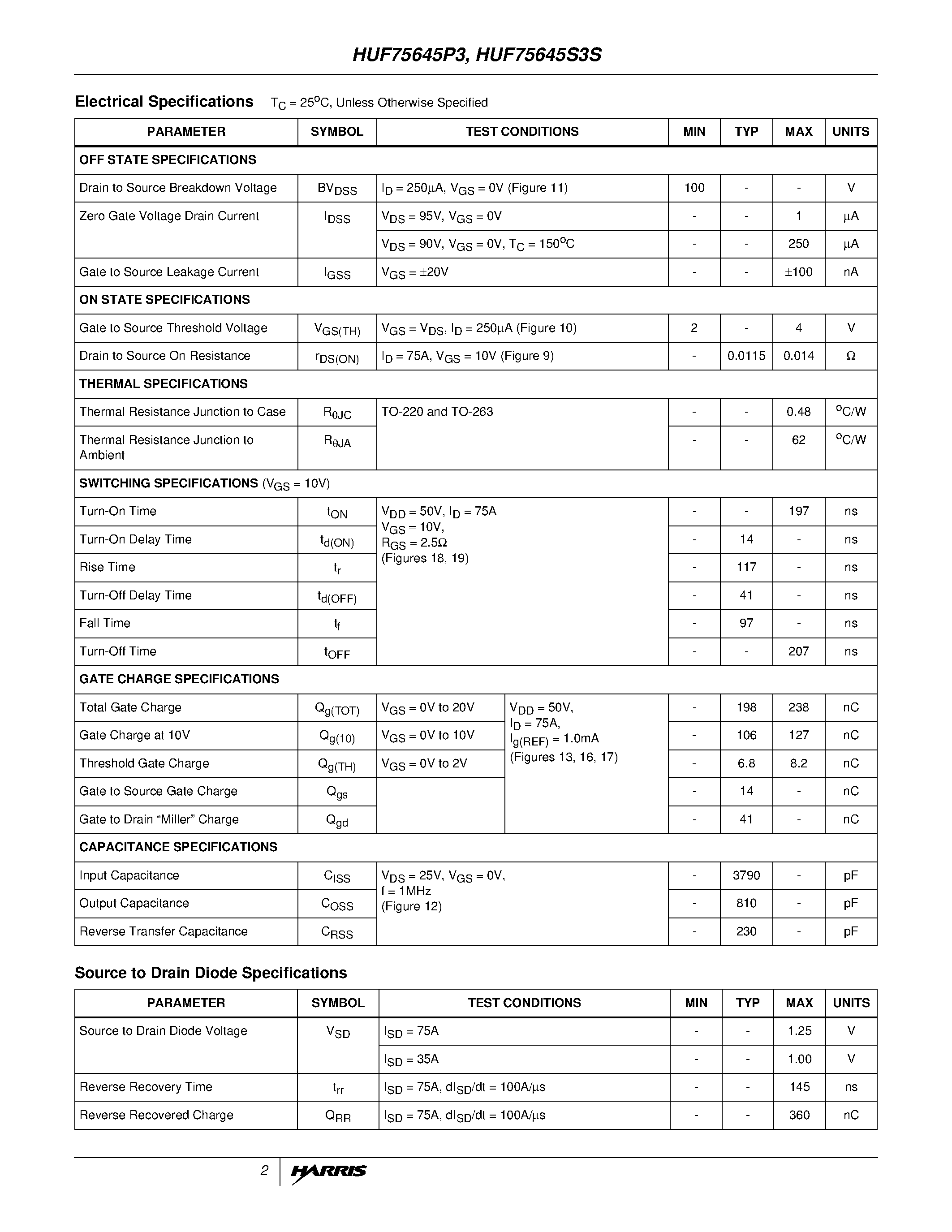 Datasheet HUF75645S3S - 75A/ 100V/ 0.014 Ohm/ N-Channel/ UltraFET Power MOSFETs page 2