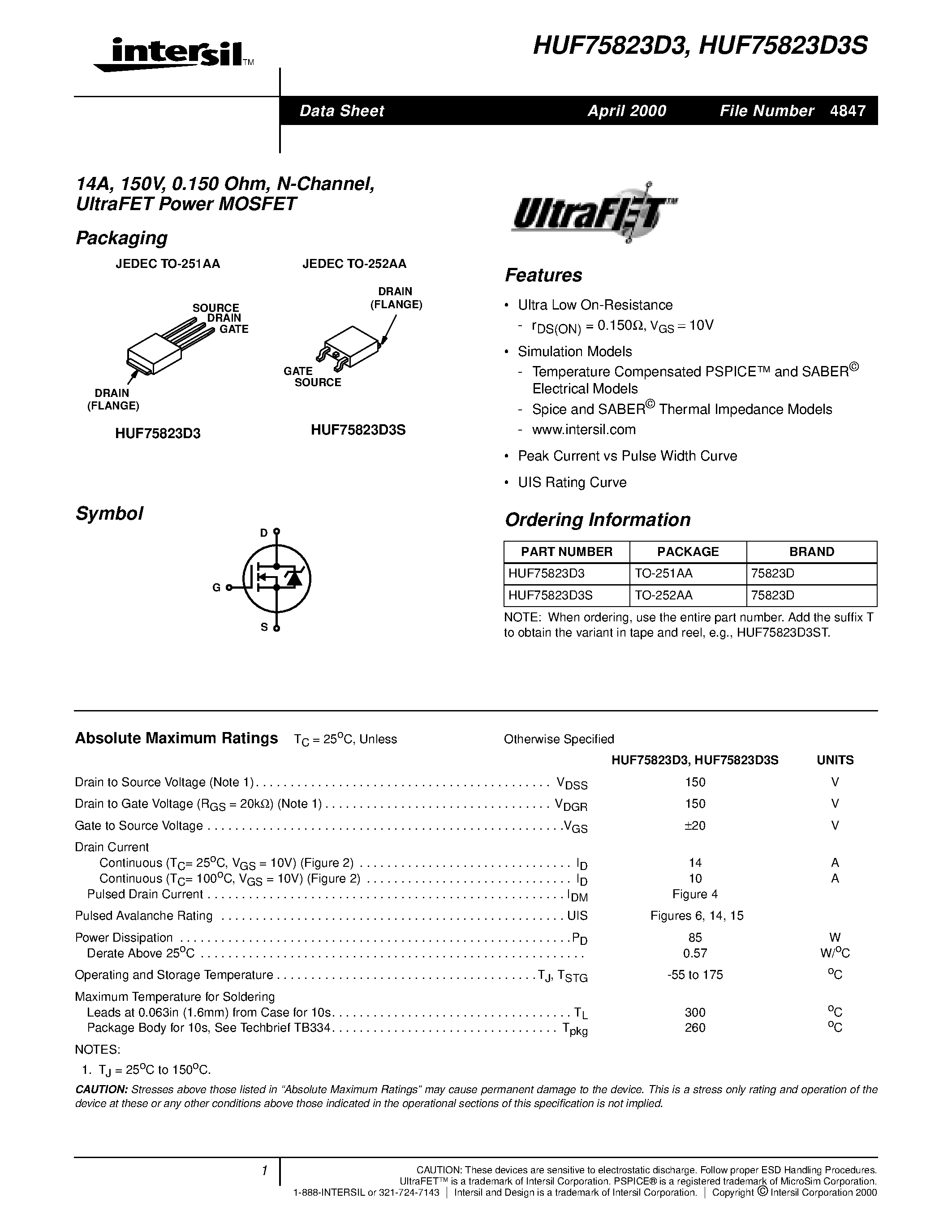 Datasheet HUF75823D3 - 14A/ 150V/ 0.150 Ohm/ N-Channel/ UltraFET Power MOSFET page 1