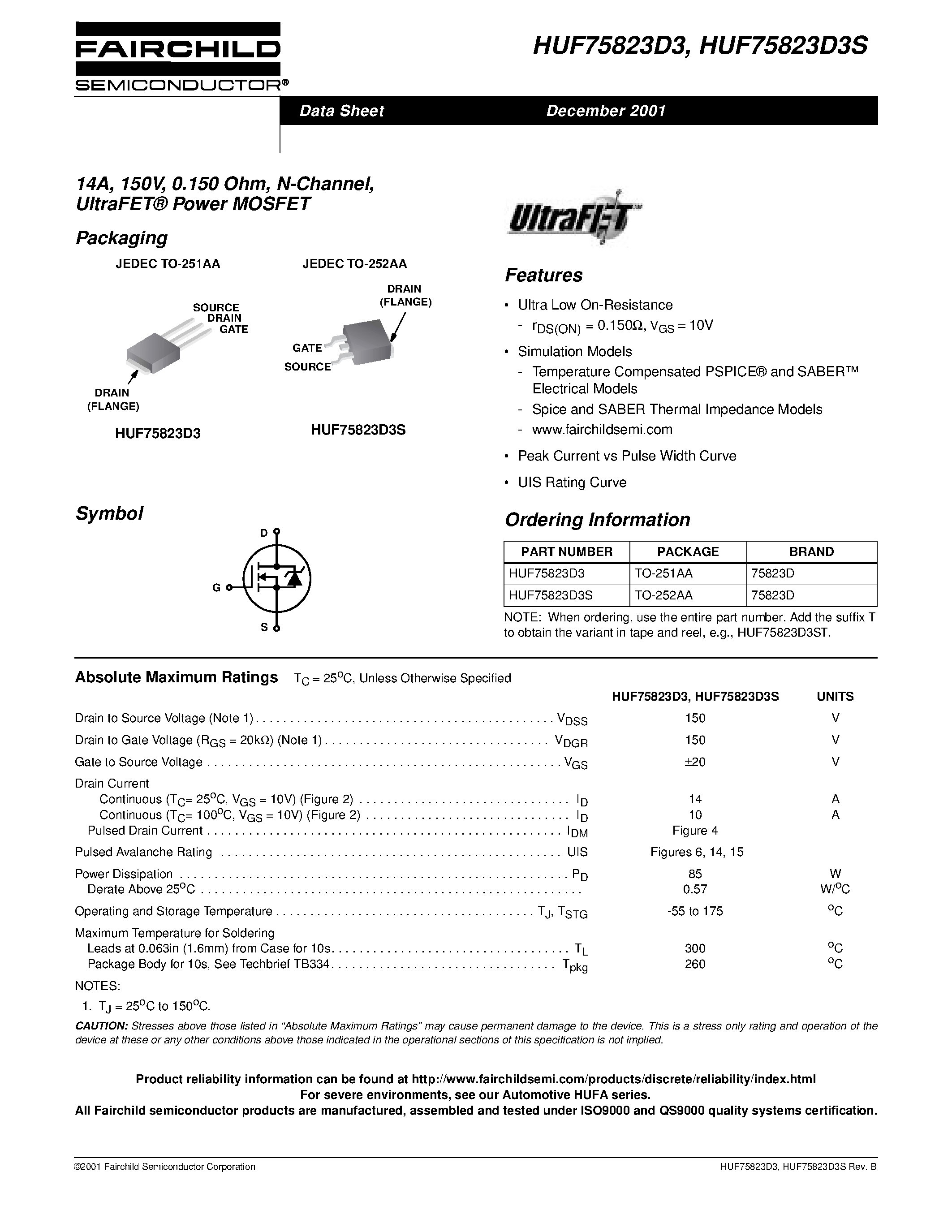 Datasheet HUF75925P3 - 11A/ 200V/ 0.275 Ohm/ N-Channel/ UltraFET Power MOSFETs page 1