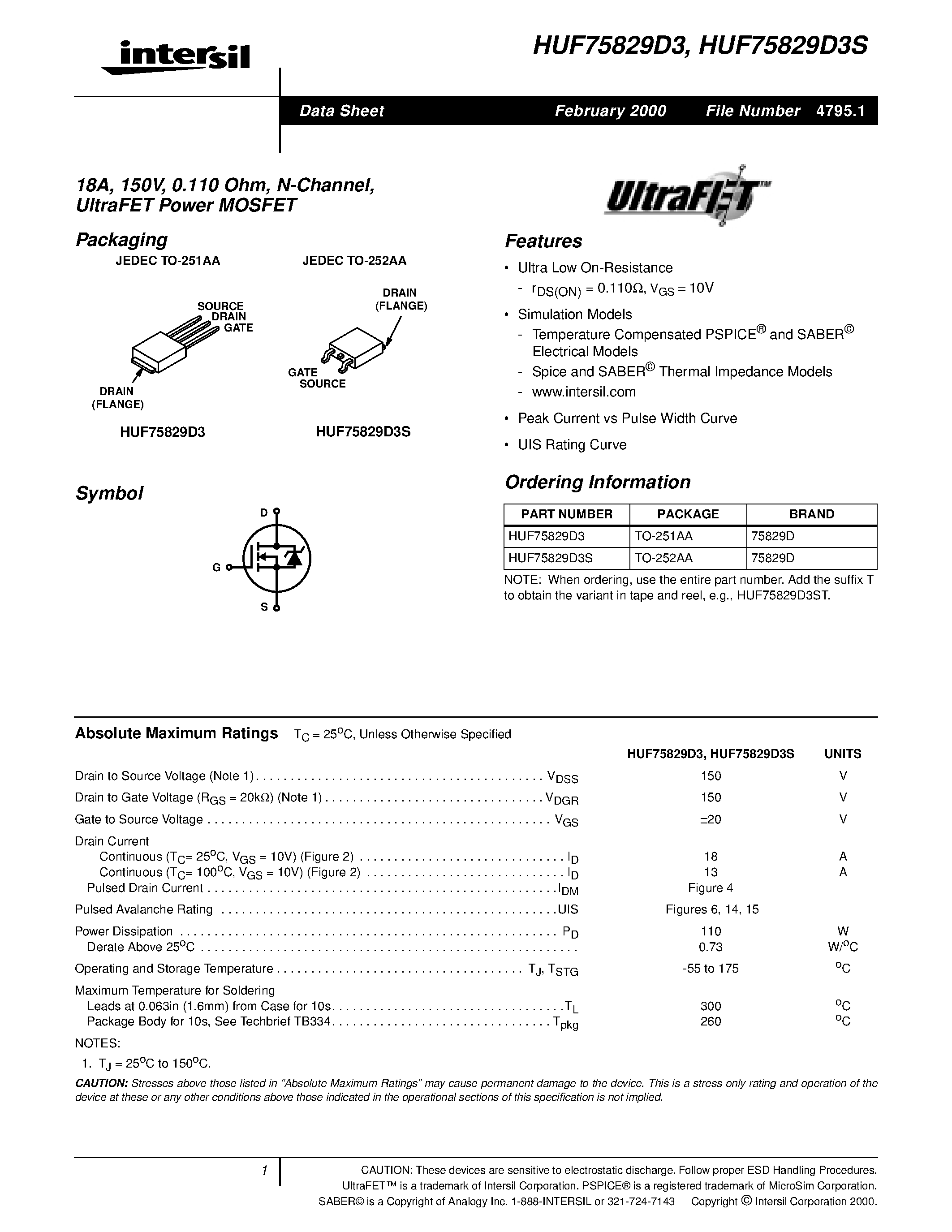 Datasheet HUF75939P3 page 1 Datasheet HUF75939P3 - 22A/ 200V/ 0.125 Ohm/ N-Channel/ UltraFET Power MOSFET page 1