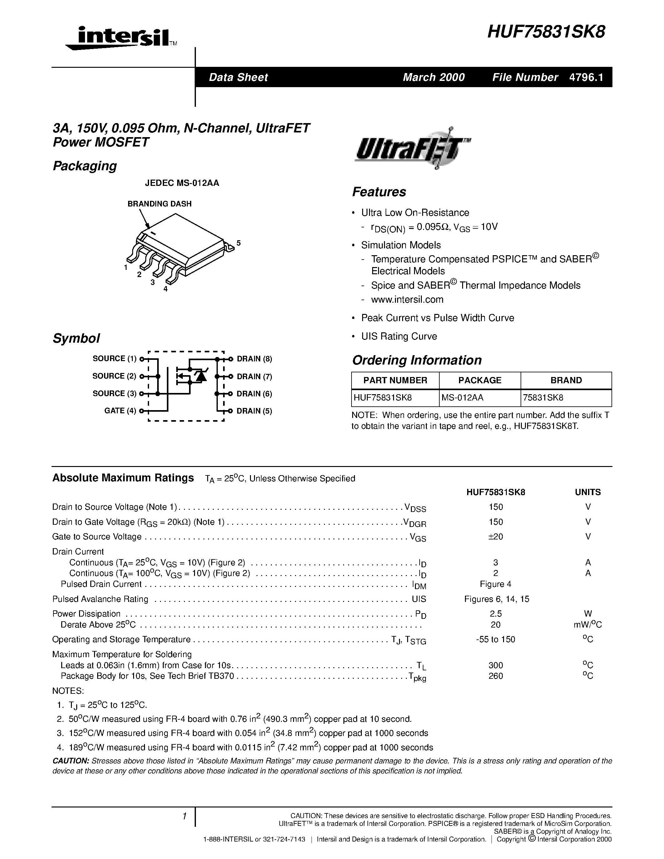 Datasheet HUF75945G3 page 1 Datasheet HUF75945G3 - 38A/ 200V/ 0.071 Ohm/ N-Channel/ UltraFET Power MOSFETs page 1