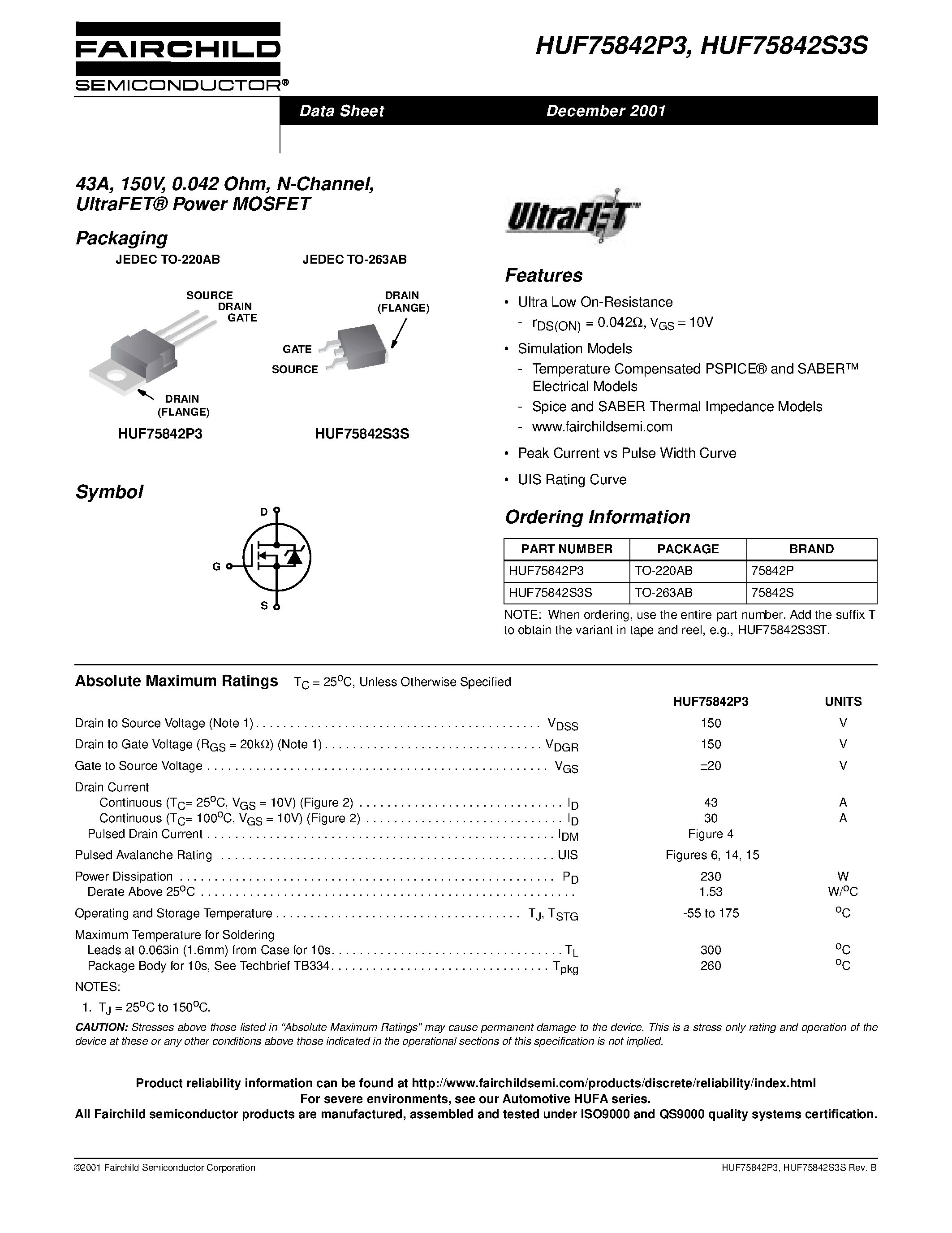 Datasheet HUF75829D3 - 18A/ 150V/ 0.110 Ohm/ N-Channel/ UltraFET Power MOSFET page 1