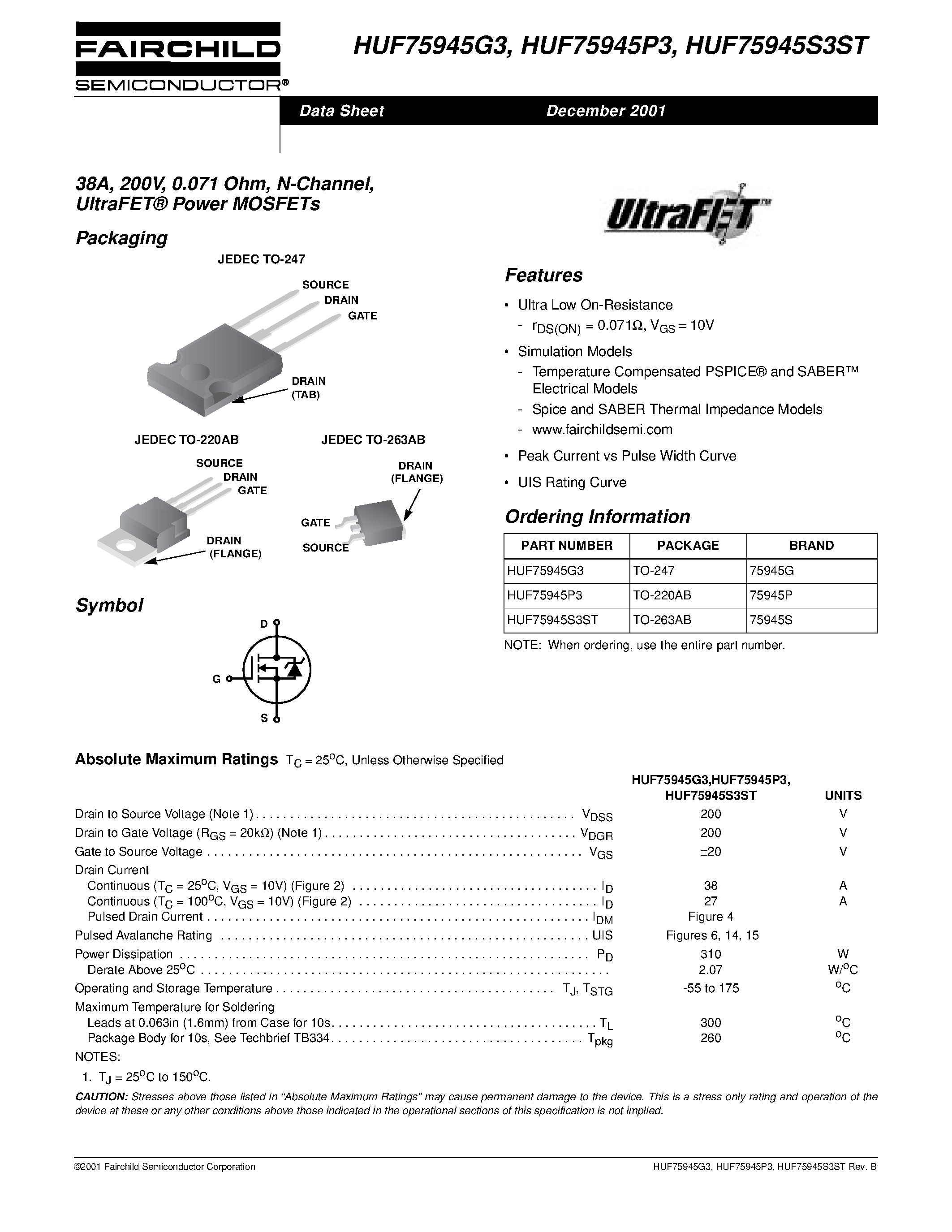 Datasheet HUF75842P3 page 1 Datasheet HUF75842P3 - 43A/ 150V/ 0.042 Ohm/ N-Channel/ UltraFET Power MOSFET page 1