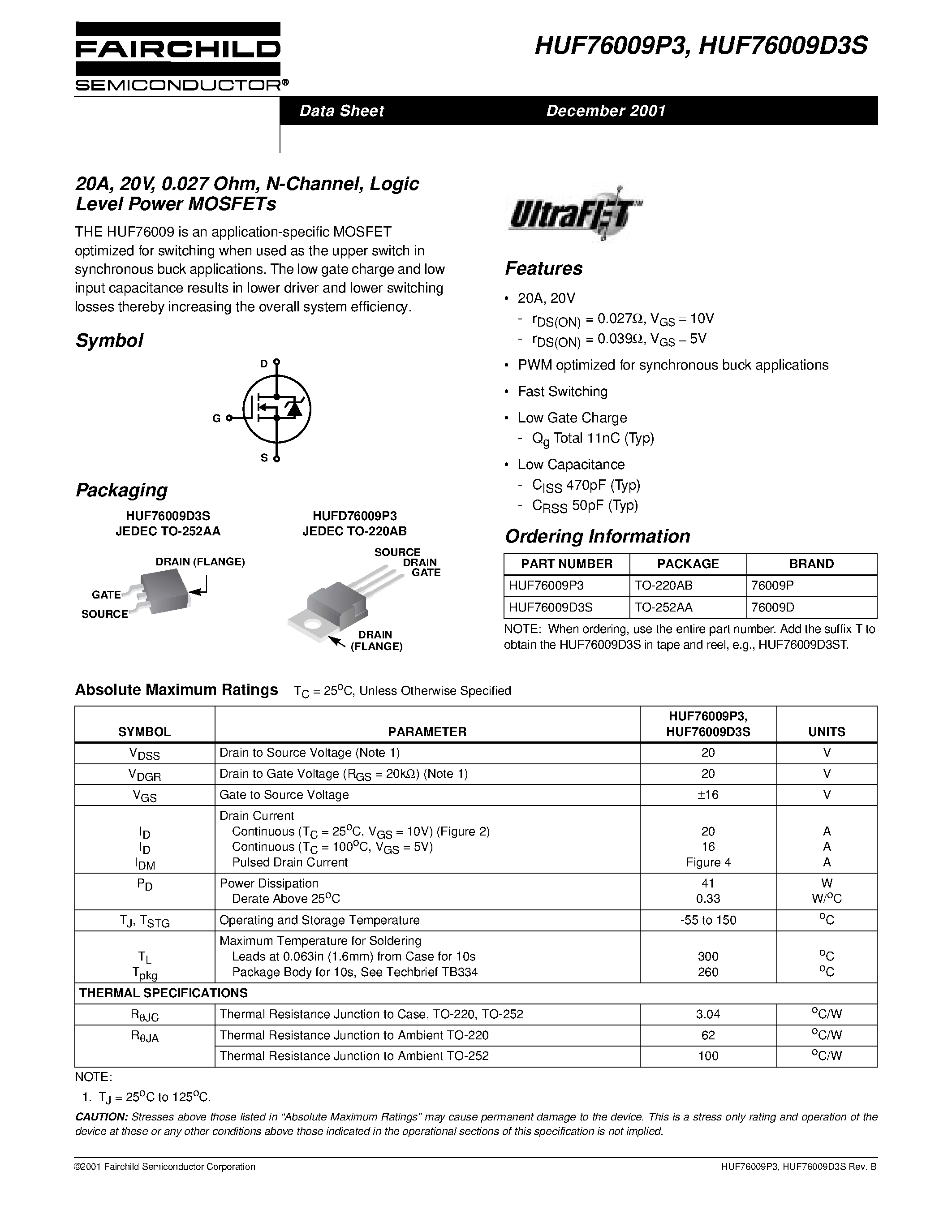 Datasheet HUF76013D3S - 20A/ 20V/ 0.022 Ohm/ N-Channel/ Logic Level Power MOSFETs page 1