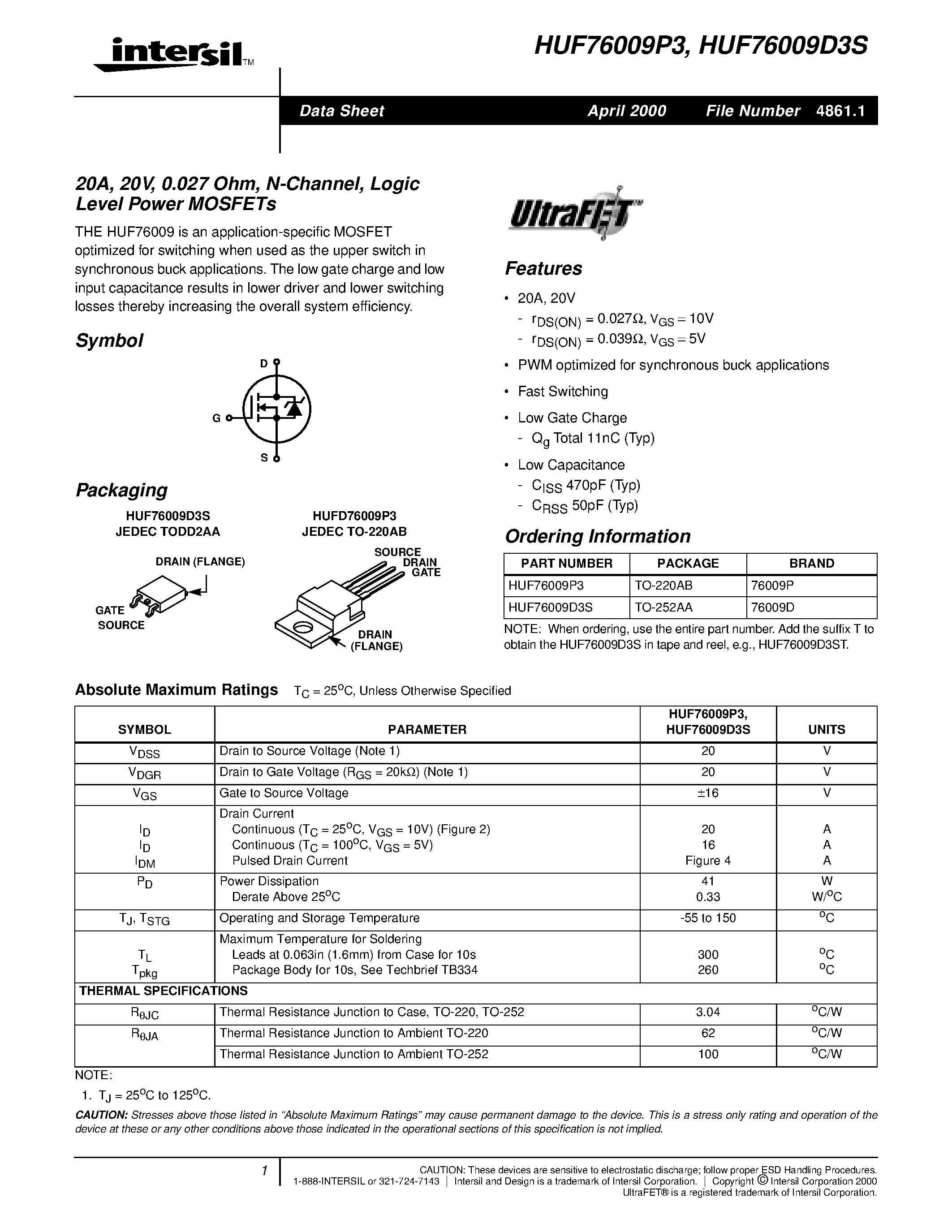 Datasheet HUF75842S3S - 43A/ 150V/ 0.042 Ohm/ N-Channel/ UltraFET Power MOSFET page 1