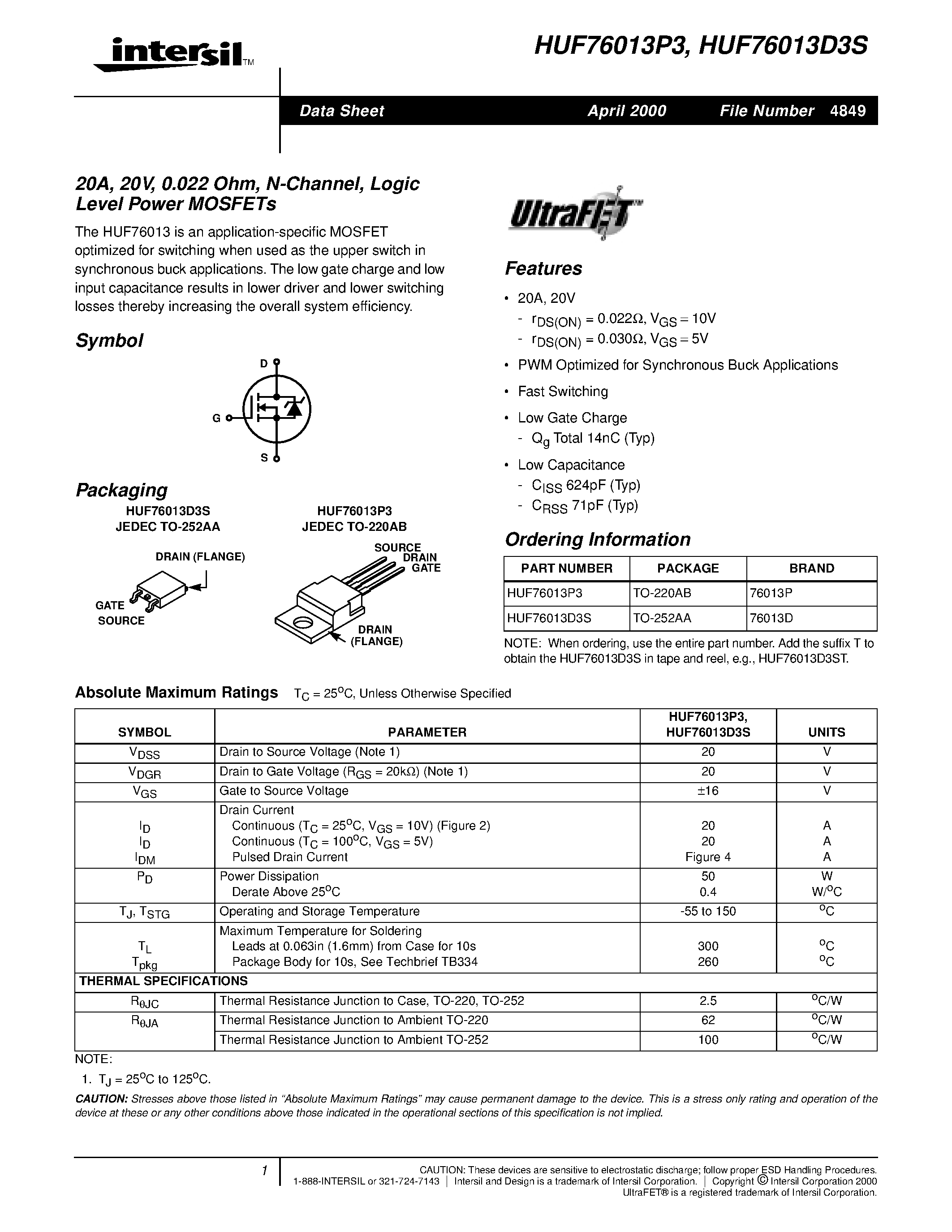 Datasheet HUF75852G3 - 75A/ 150V/ 0.016 Ohm/ N-Channel/ UltraFET Power MOSFET page 1