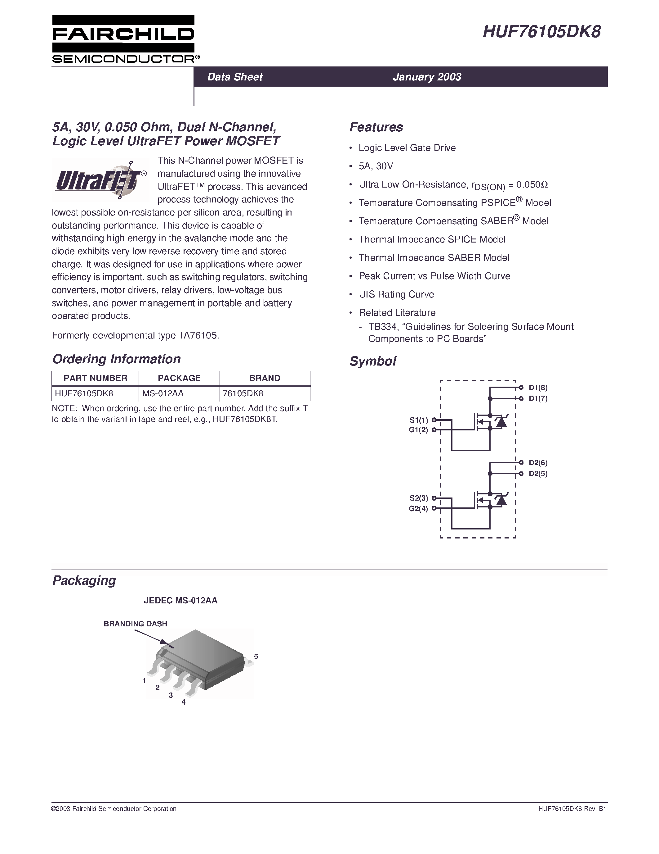 Datasheet HUF76105DK8 - 5A/ 30V/ 0.050 Ohm/ Dual N-Channel/ Logic Level UltraFET Power MOSFET page 1