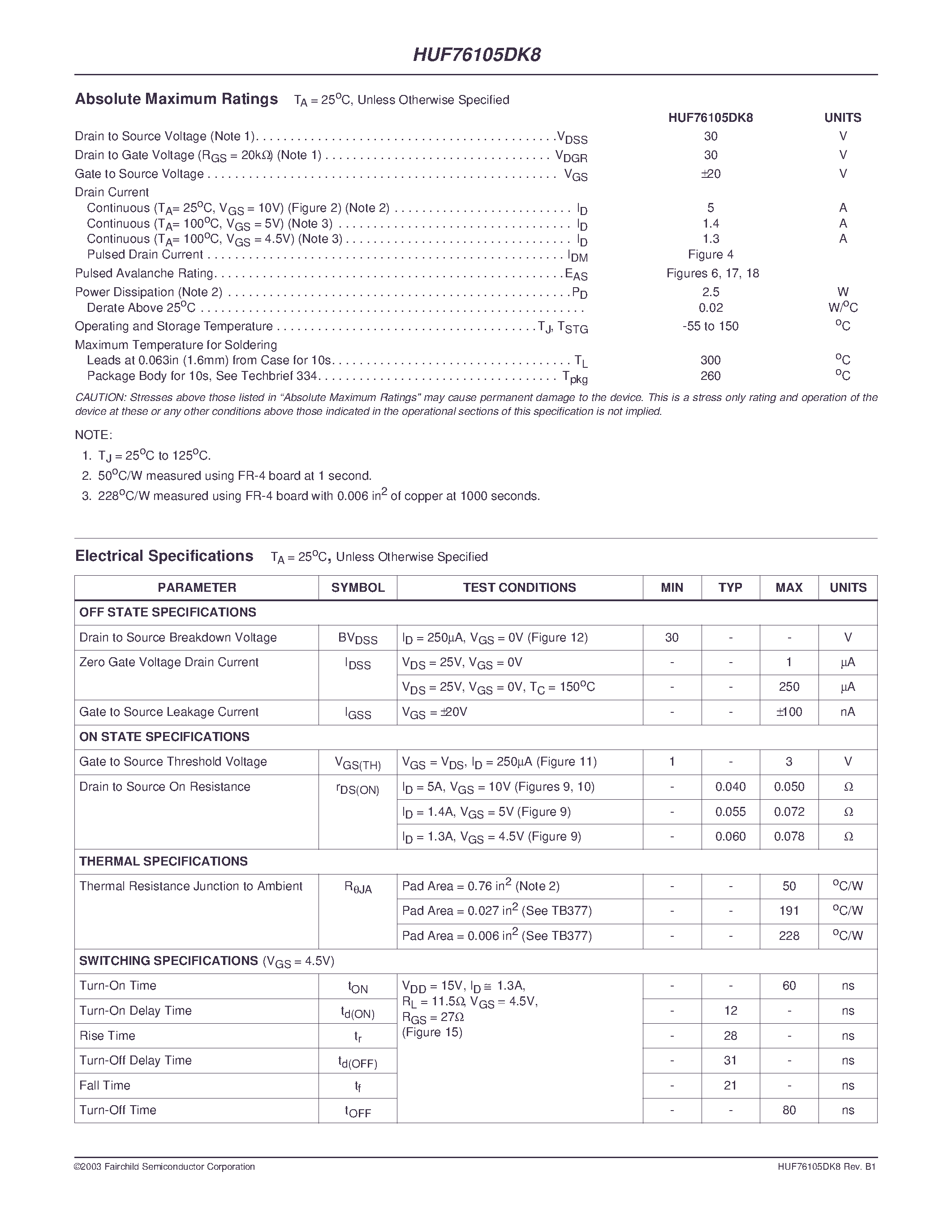 Datasheet HUF76105DK8 - 5A/ 30V/ 0.050 Ohm/ Dual N-Channel/ Logic Level UltraFET Power MOSFET page 2