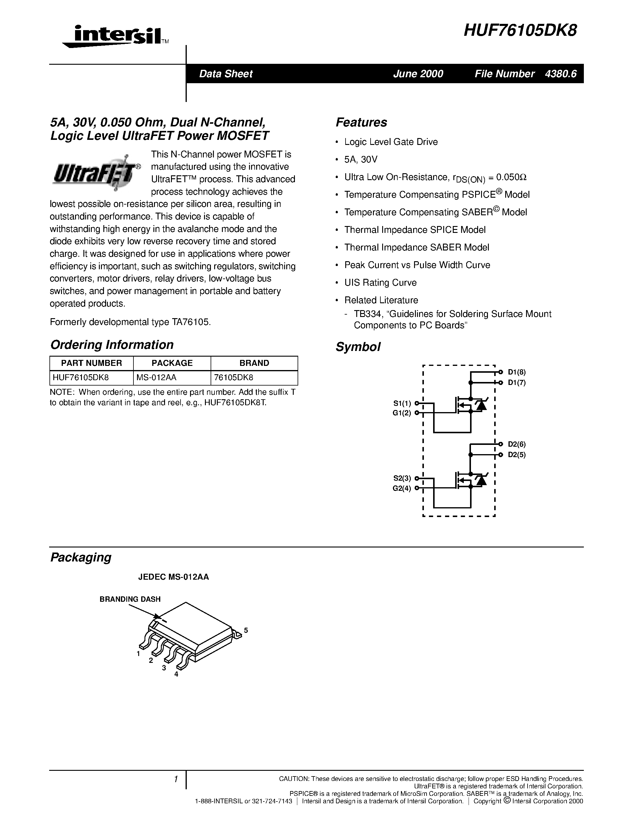 Datasheet HUF76105DK8 - 5A/ 30V/ 0.050 Ohm/ Dual N-Channel/ Logic Level UltraFET Power MOSFET page 1