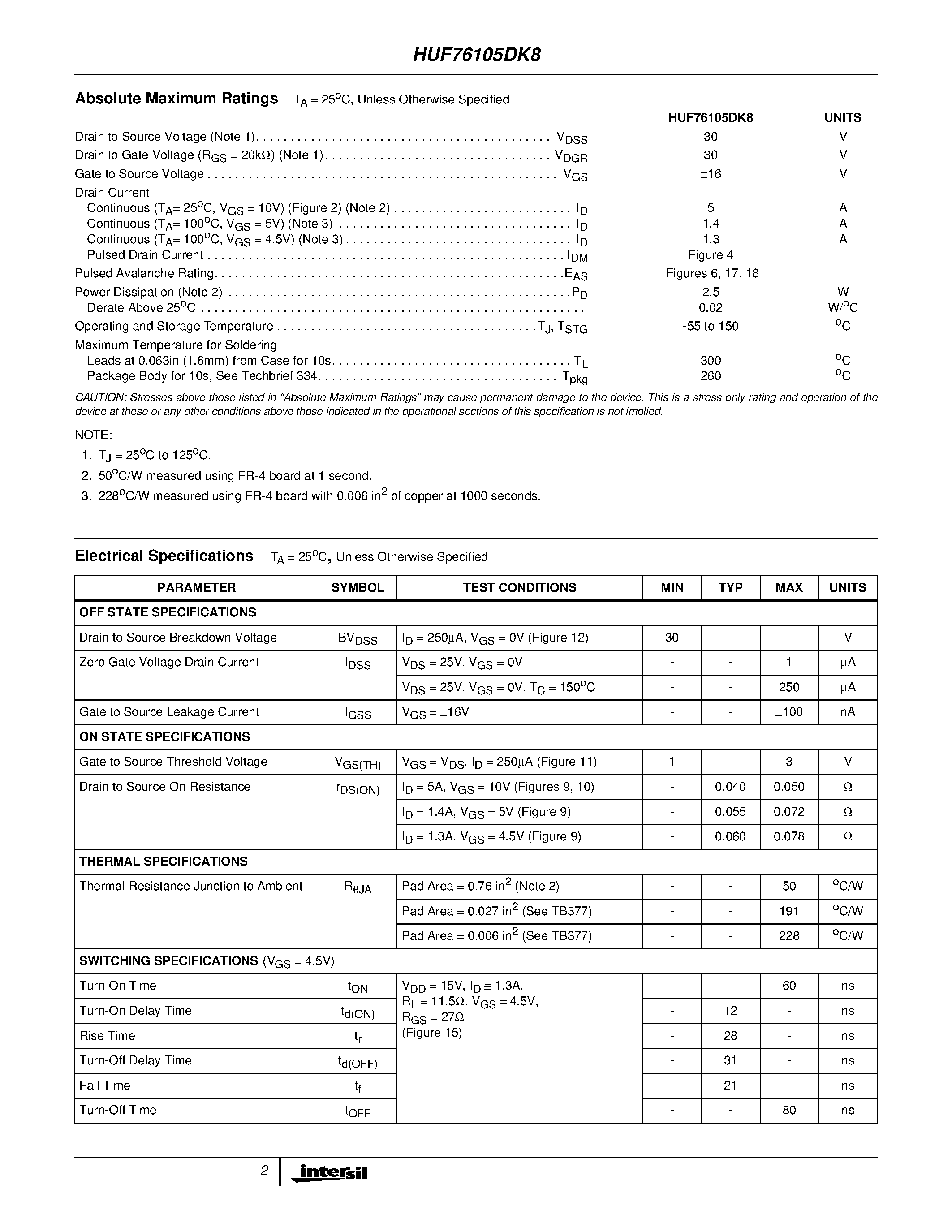 Datasheet HUF76105DK8 - 5A/ 30V/ 0.050 Ohm/ Dual N-Channel/ Logic Level UltraFET Power MOSFET page 2