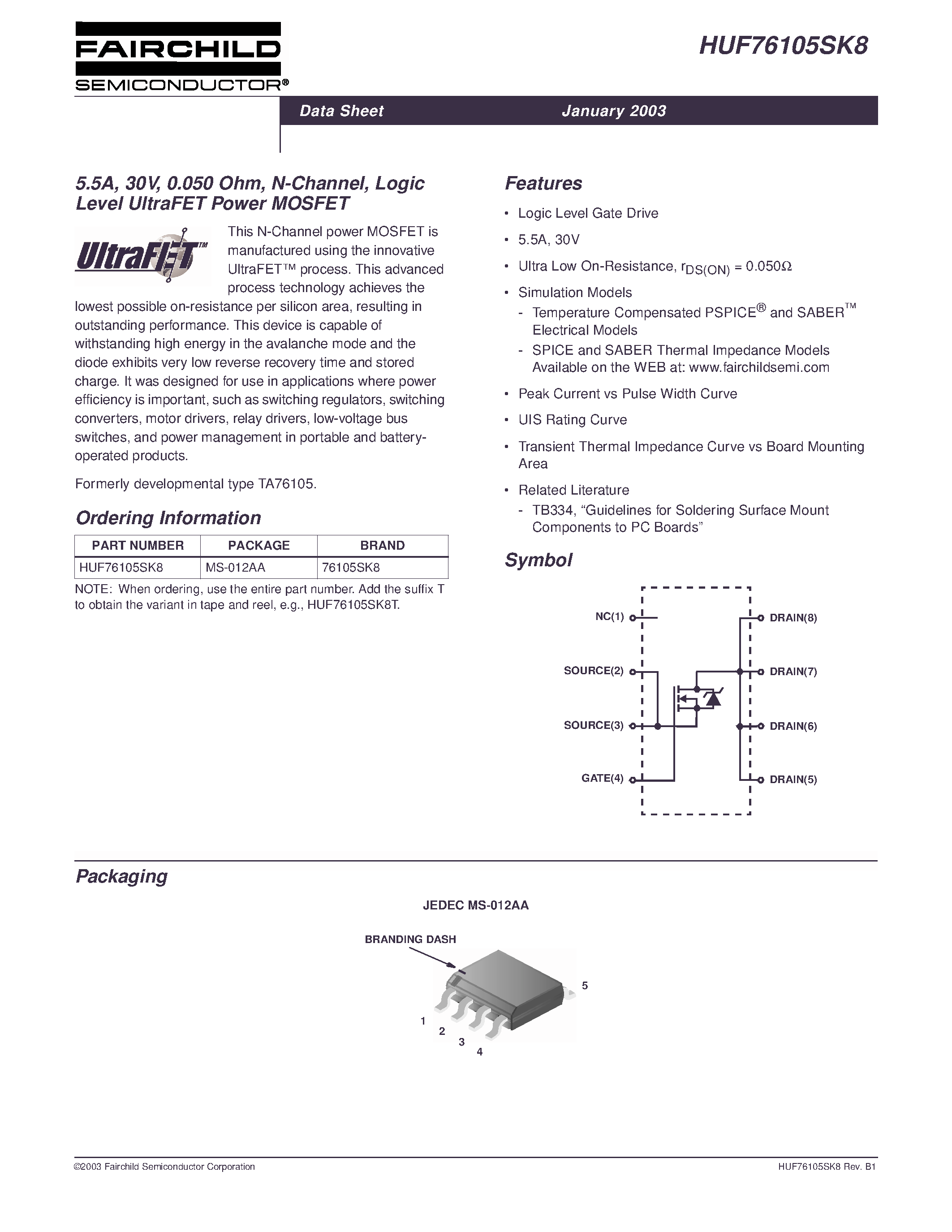 Datasheet HUF76105SK8 page 1 Datasheet HUF76105SK8 - 5.5A/ 30V/ 0.050 Ohm/ N-Channel/ Logic page 1